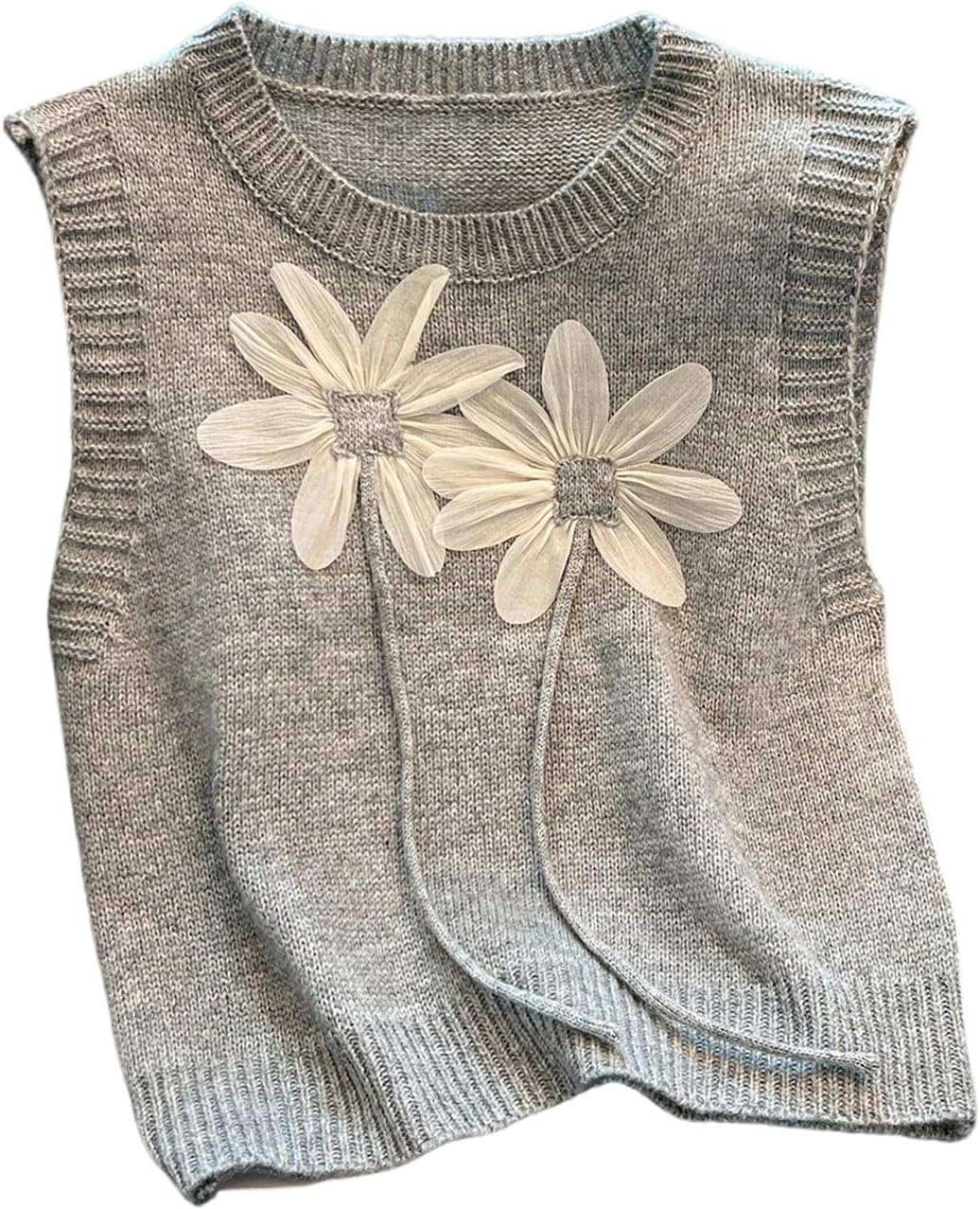 Verdusa Women's 3D Floral Sweater Vest Sleeveless Crew Neck Lightweight Knitted Tank Top
