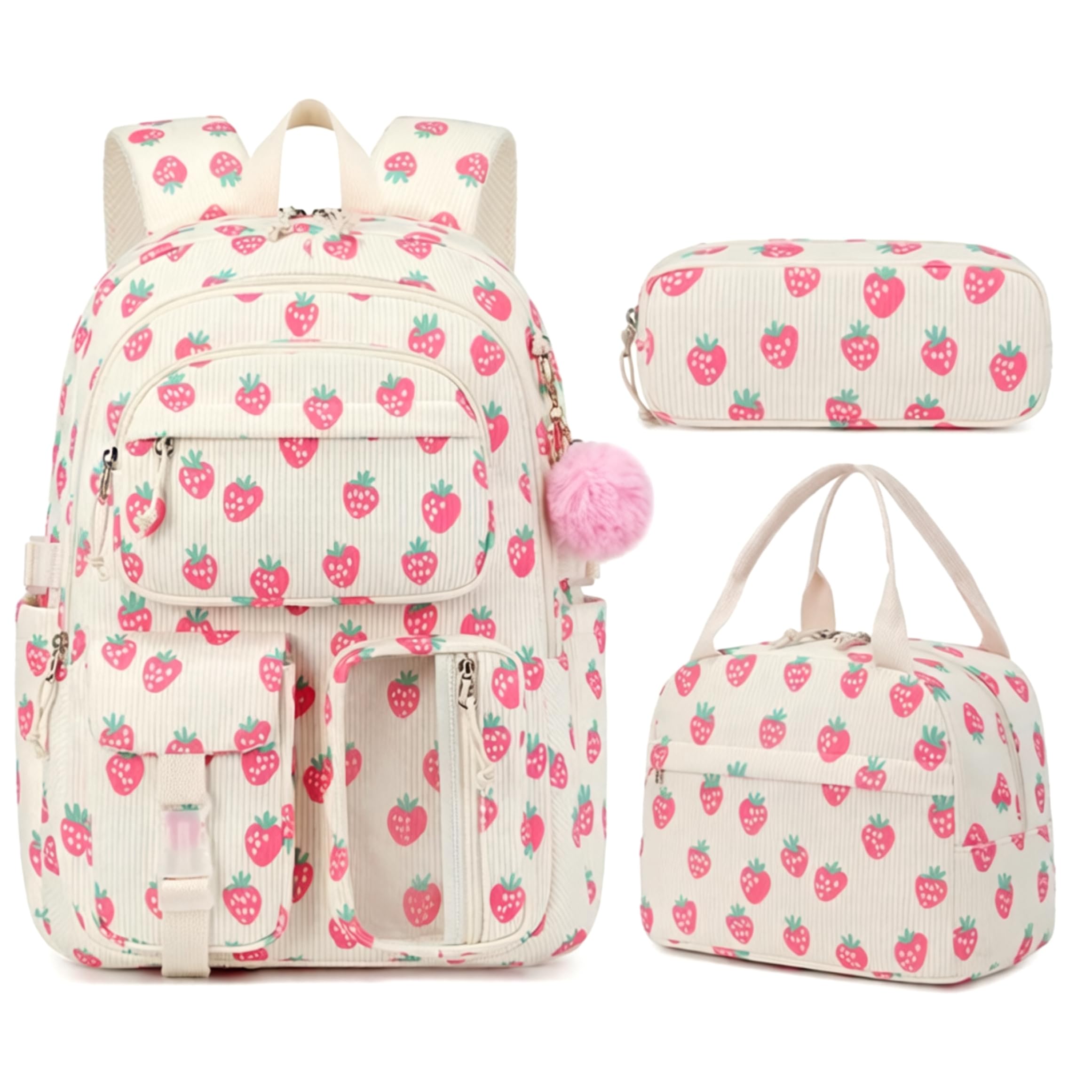 Zaino da scuola per ragazze da 3 pezzi Set di zaini in velluto a coste fragola carino per la scuola, 12x7x17 pollici, borse leggere di capacità