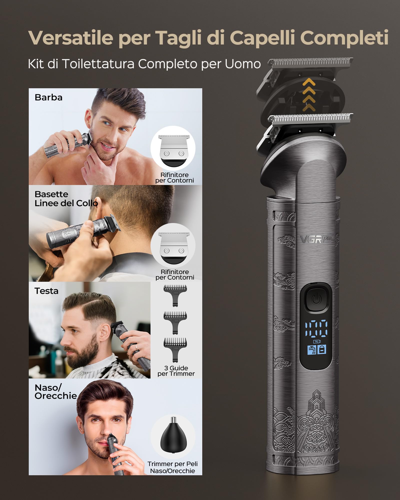 VGRPRO Set di Tagliacapelli uomo professionale e Trimmer Capelli, Rasoio Elettrico a Lamina, Macchinetta per capelli, 4 Impostazioni di Velocità, Display LED della Batteria, Uso da Barbiere (Grigio)