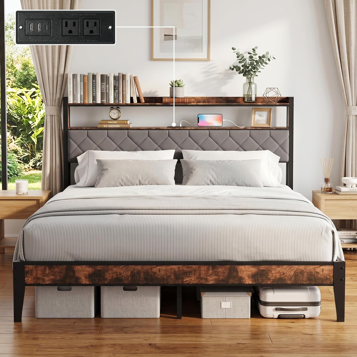 King Size Bed Frame with Charging Station, King Bed Frame with Upholstered Headboard, Metal Platform Bed with 2-Tier Open Shelves, Large Under Bed Storage, Non-Slip Without Noise, Grey