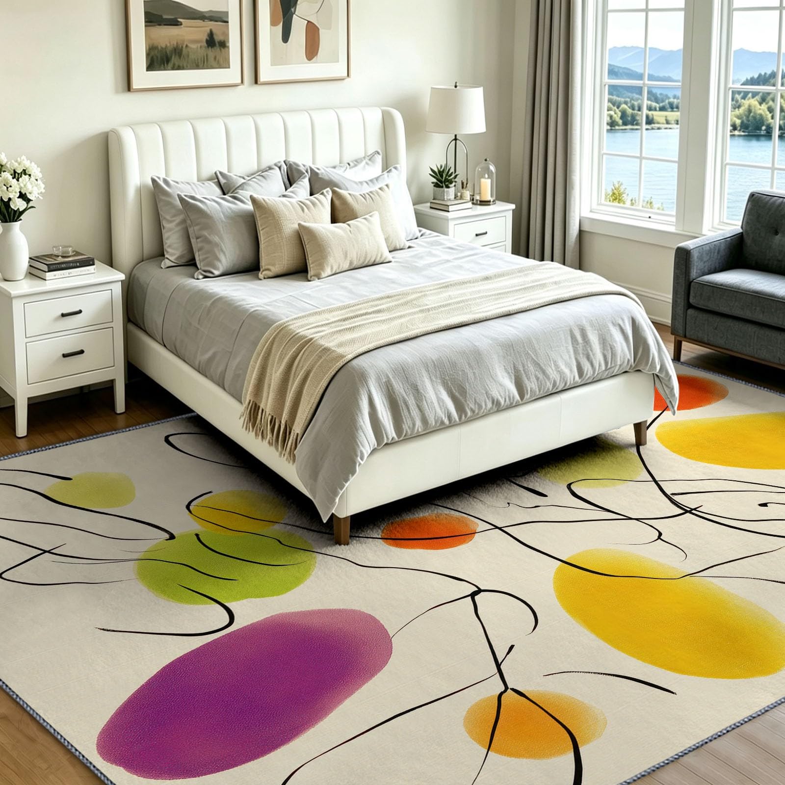 Générique Tapis Salon 80 x 150 cm Formes Organiques Géométrique, Tapis Style Artiste Moderniste, Lavable Antidérapant, Decoration Chambre Maison, Poil Ras, Doux, Crème