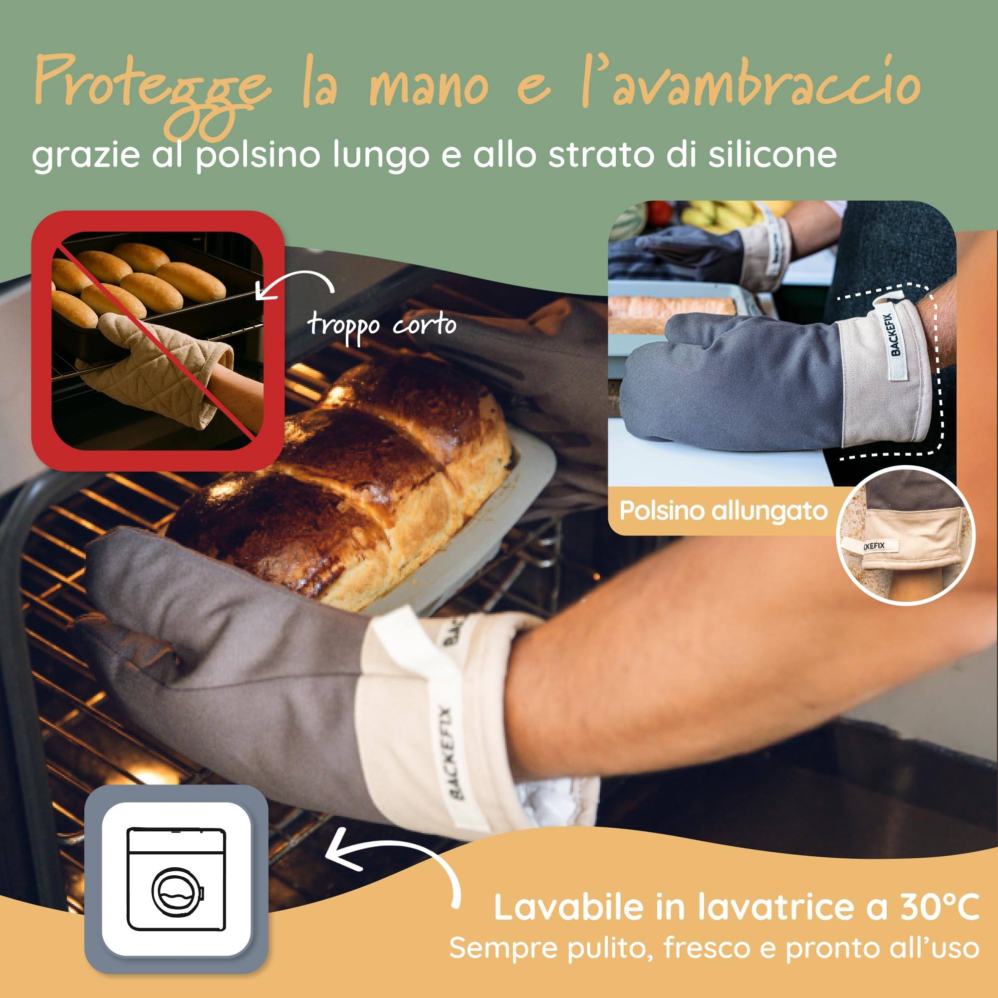 Guanti da forno Backefix con motivo in silicone – un paio di guanti da forno resistenti al calore fino a 250°C, antiscivolo, in cotone, sostenibili, lavabili, comodi e senza plastica