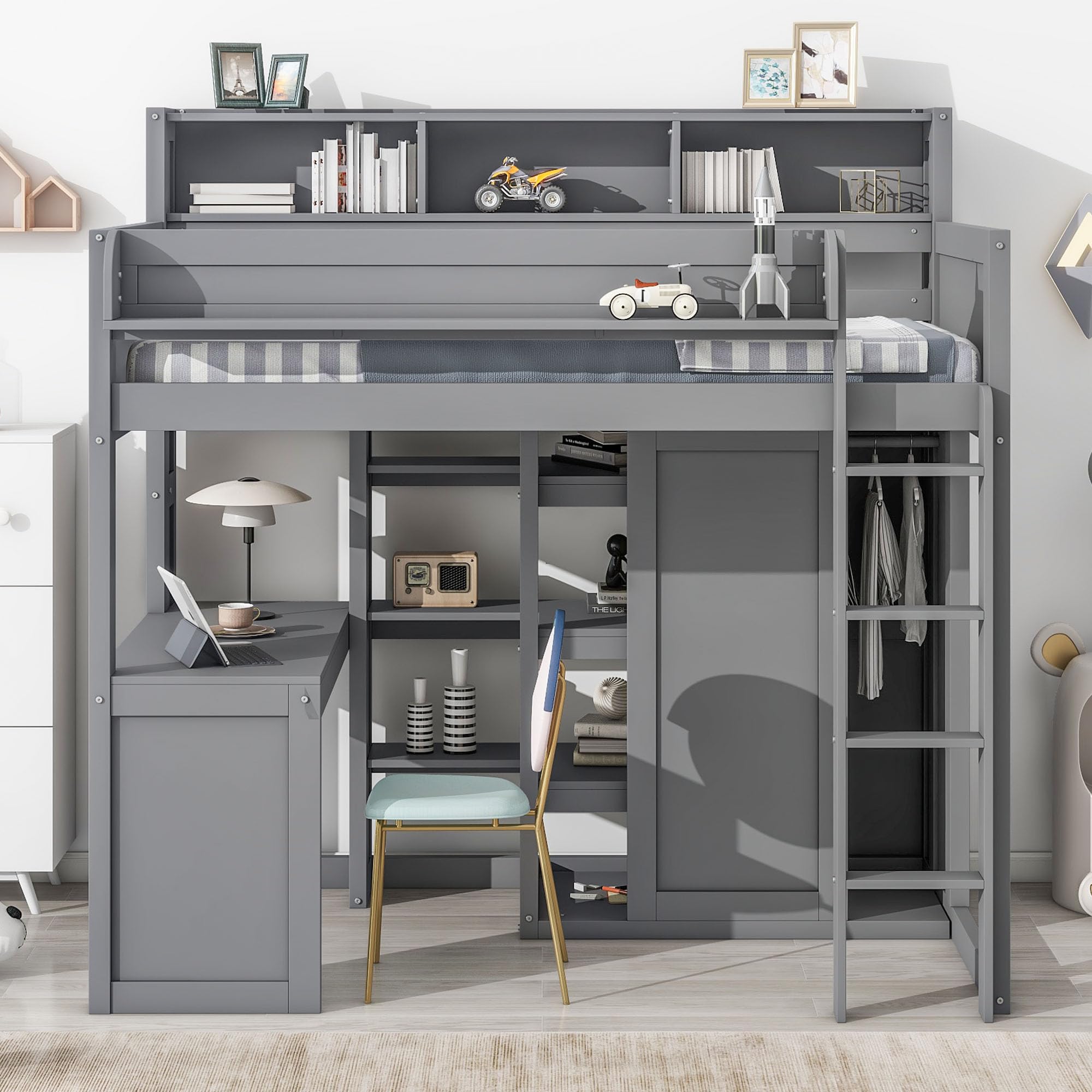 Twin Size Loft Bed with Desk and Shelves, Loft Bed with Storage Wardrobe and Bookshelf for Kids Boys Girls, No Box Spring Needed, Space Saving, Gray