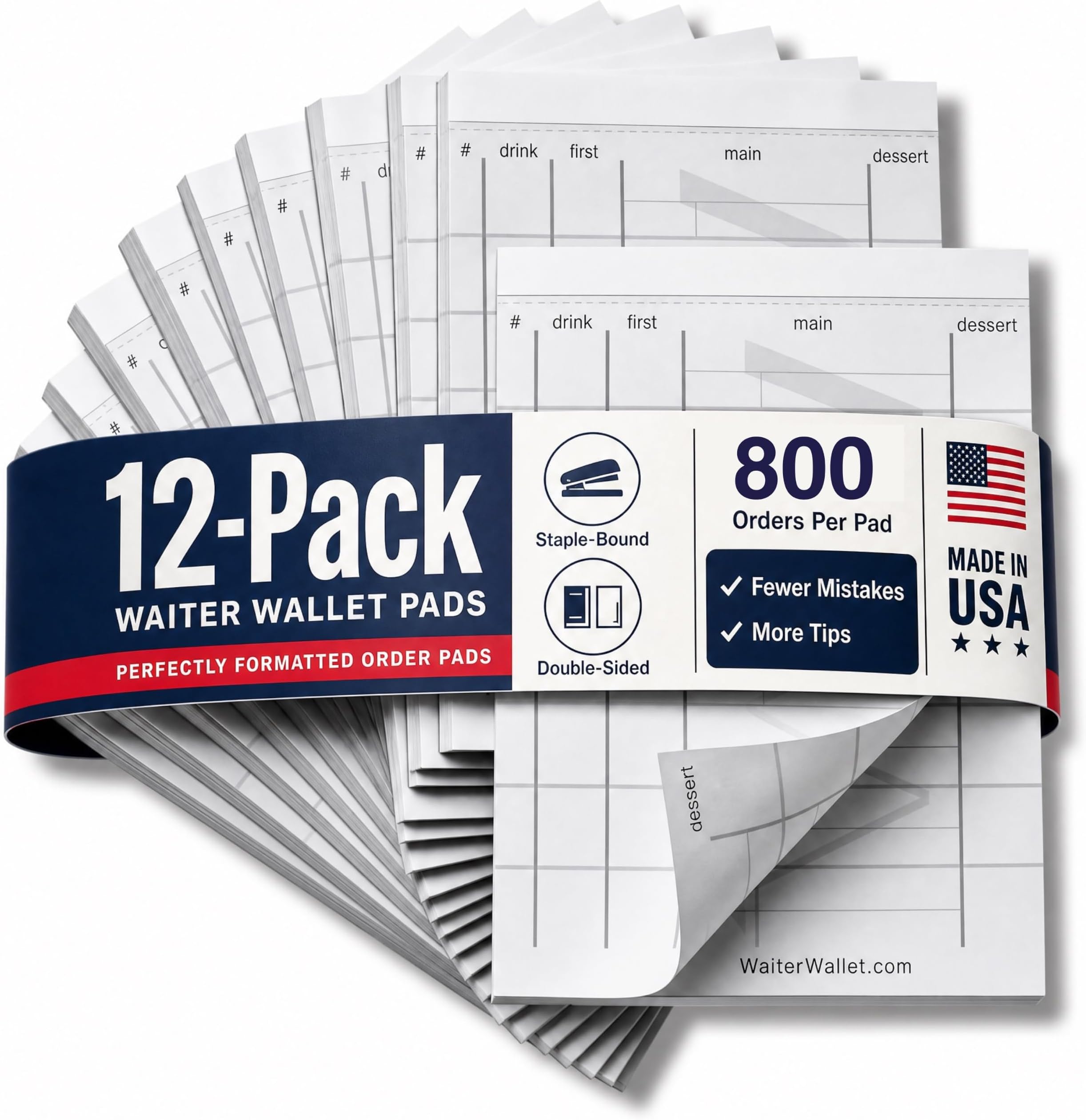 Waiter Wallet Server Note Pads & Guest Check Pads 4x6 Double-Sided, Stapled & Perforated Server Order Pads | Fits Deluxe, LTO & Original | 12-Pack, Made in USA