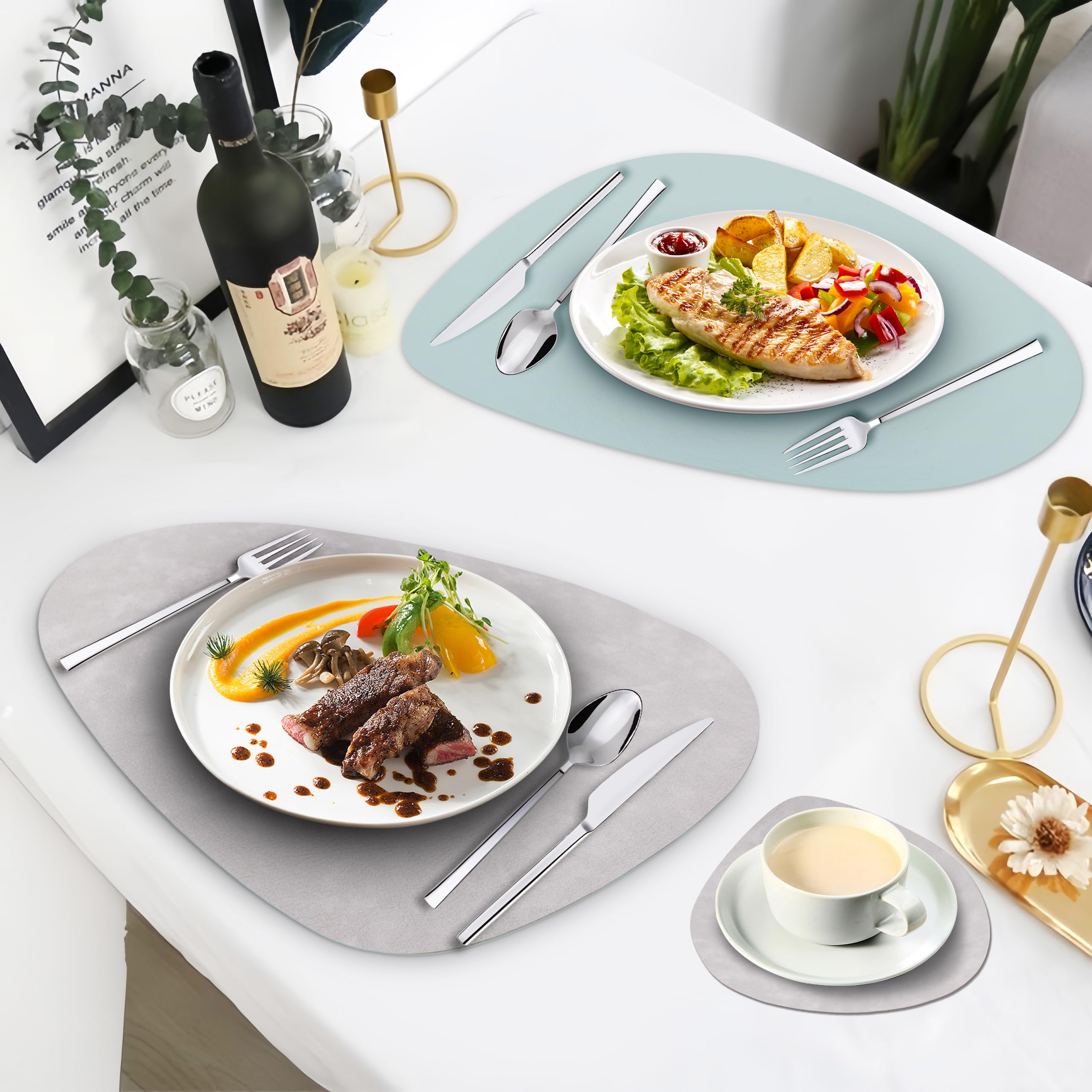 Tischsets Abwaschbar und Untersetzer, Leder Platzsets Rund Doppelseitigen Abwischbar Hitzebeständig rutschfest Platzdeckchen Tischsets Lederoptik 4er Set (Hellgrau Hellblau)