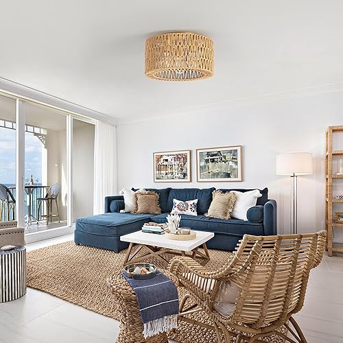 Miniatura 4 de Lámpara de techo de ratán, 3 lámparas de techo tejidas bohemias modernas, lámpara de techo bohemia de montaje empotrado para dormitorio, sala de