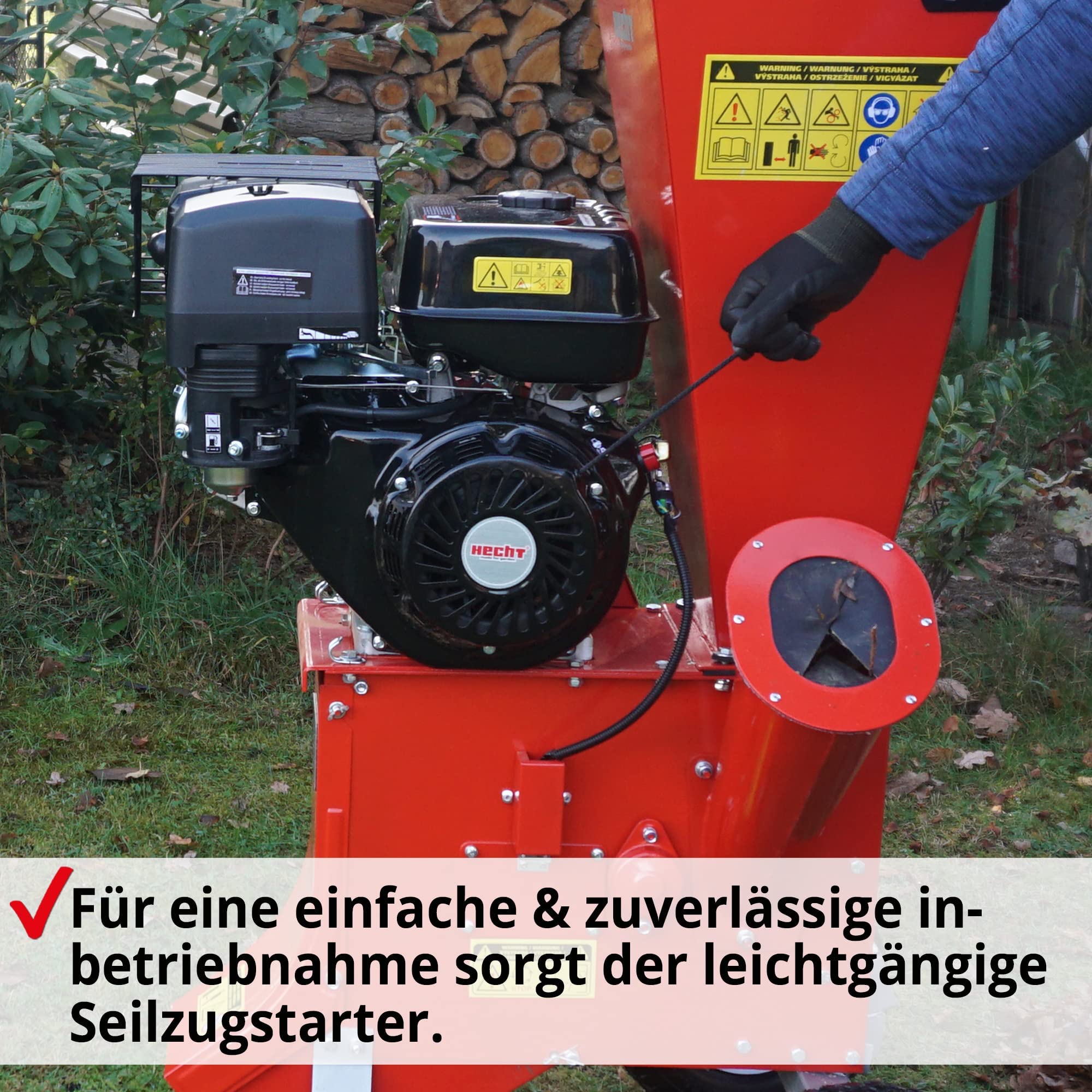 HECHT Benzin Häcksler 13 PS – 4-Takt Gartenhäcksler bis 89 mm | 389 ccm Schredder mit 2 Einfülltrichtern, Fahrwerk & Deichsel – für Gartenabfälle, Astwerk und Holz