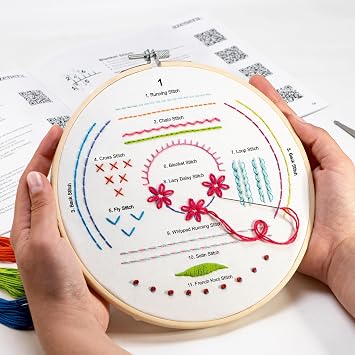 Azenera Beginner Embroidery Kit (4 Pack) for Adults, Learn 33 Stitches with Easy DIY Video Tutorials, Coloured Design Patterns, Cross Stitch Hoop, Gift (AZA100)