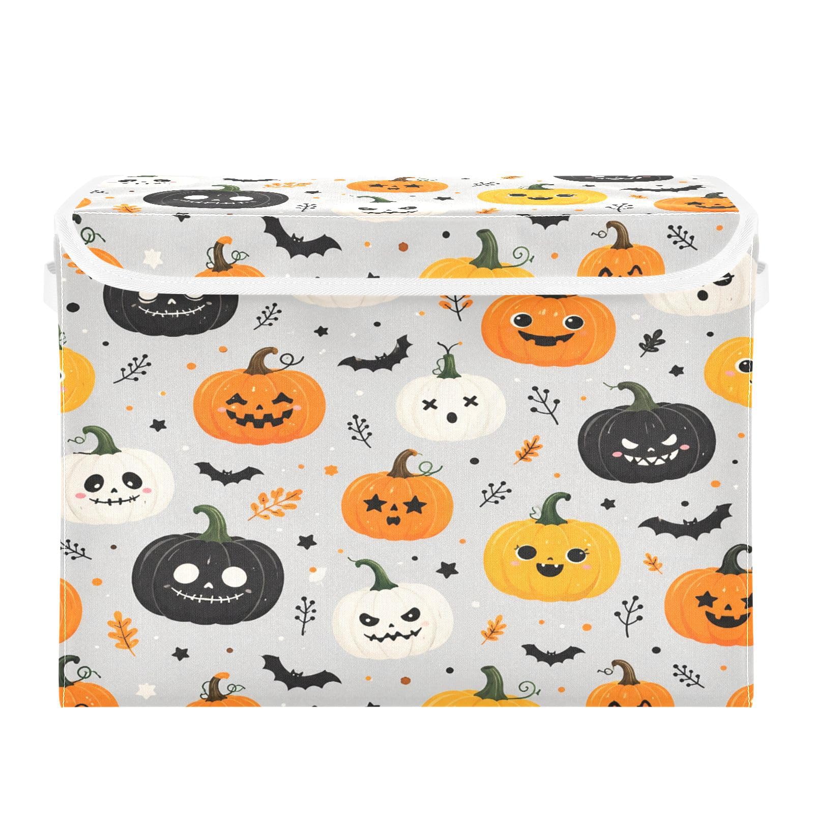 Ewusp Halloween Pumpkins Fabric Storage Bin with Lid, Decorative Foldable Storage Basket with Handles, Stackable Closet Shelf Organiser Box for Clothes, Books, Bedroom, Living Room