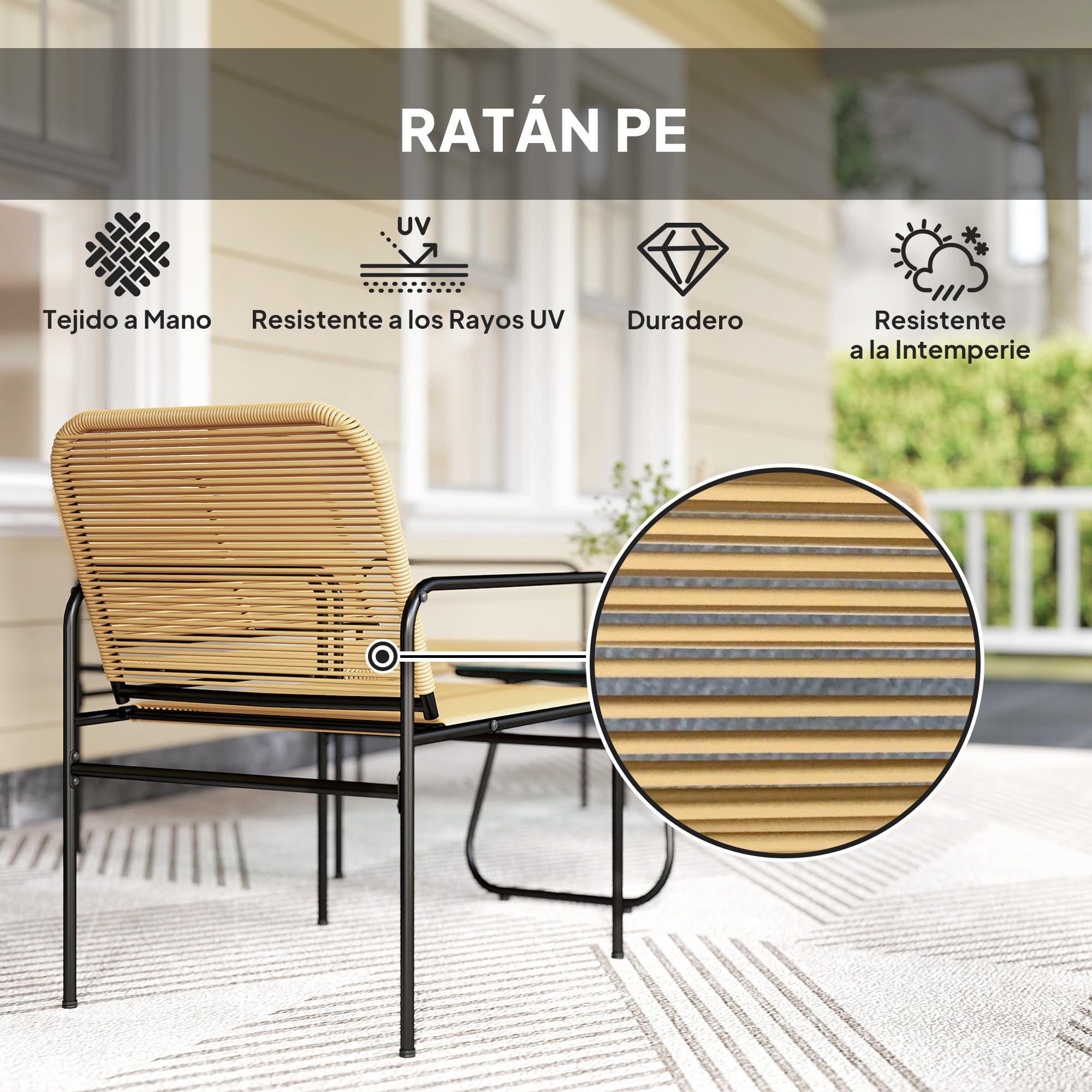 Outsunny Conjunto Jardín Exterior de Ratán, Muebles Jardín Exterior Resistentes a la Intemperie, Conjunto Terraza con Sofá de 2 Plazas, 2 Sillones, Mesa con Tablero de Vidrio Templado, Natural