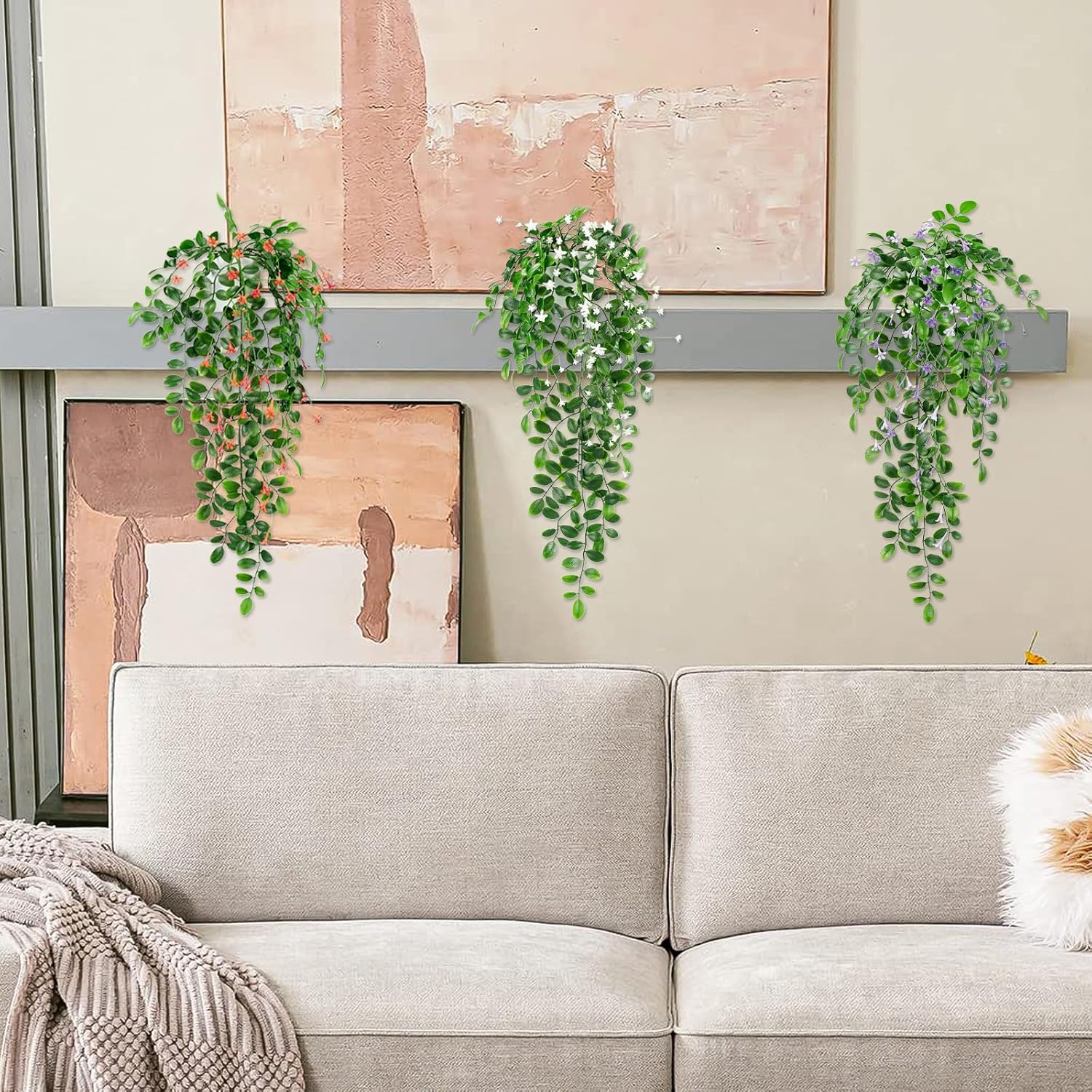 2 x Fake Hanging Plants Small Artificial Potted Lysimachia Plants with OrangeRed Flowers for Home Decor Hanger Greenery for Wall Room Indoor Outdoor Shelf Decor OrangeRed