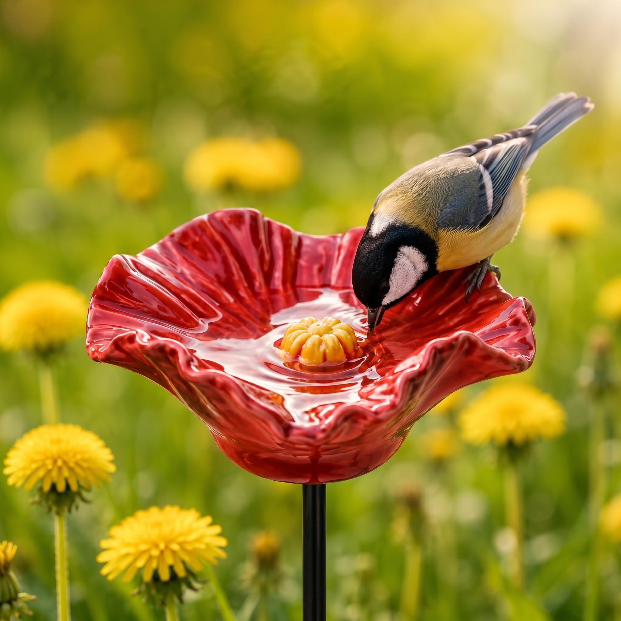 Vogeltränke Blume Bienentränke Keramik Handgemacht 4er Set Wetterfeste Blütenschalen auf Metallstäben für Garten Balkon und Beet Wasserstelle für Bienen Insekten und Vögel (4 Blüten)