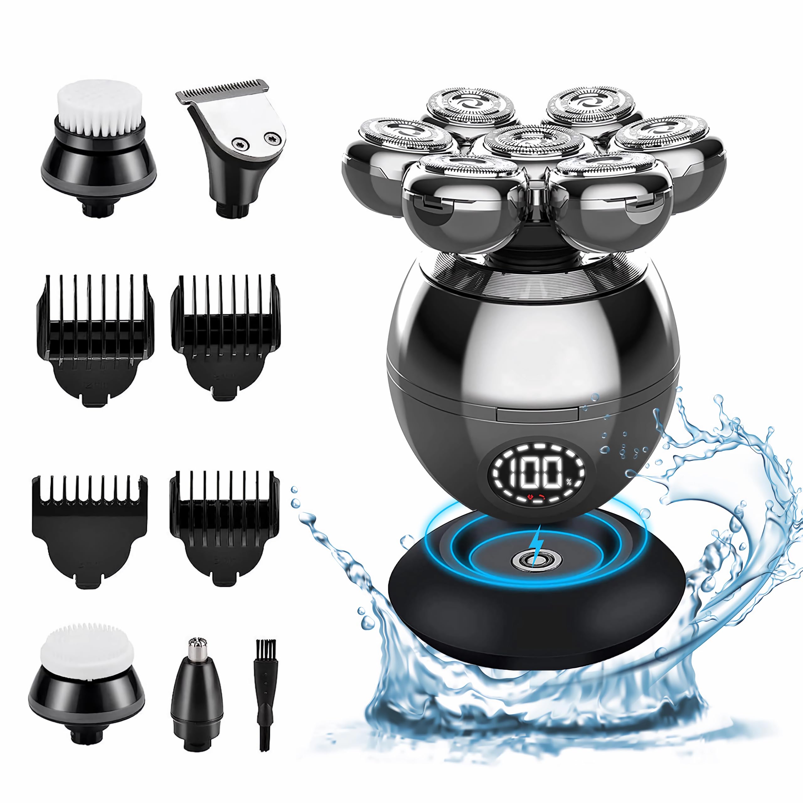 Afeitadora Cabeza Hombre, 5 In 1 Maquina Afeitar Cabeza con 7 Cabezas Rotativa y Pantalla LED, Afeitadora de Cabeza Hombre en seco y húmedo al agua con carga inalámbrica y Cable de carga Tipo C