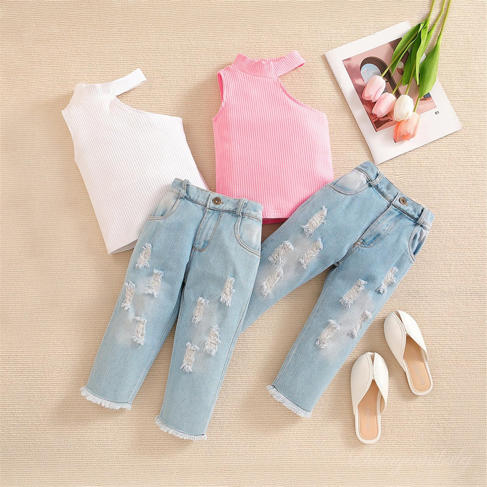 Traje de niñas sin Tirantes, Tops de Manga Corta, Jeans Rotos, Ropa Informal de Dos Piezas Traje De Marinero