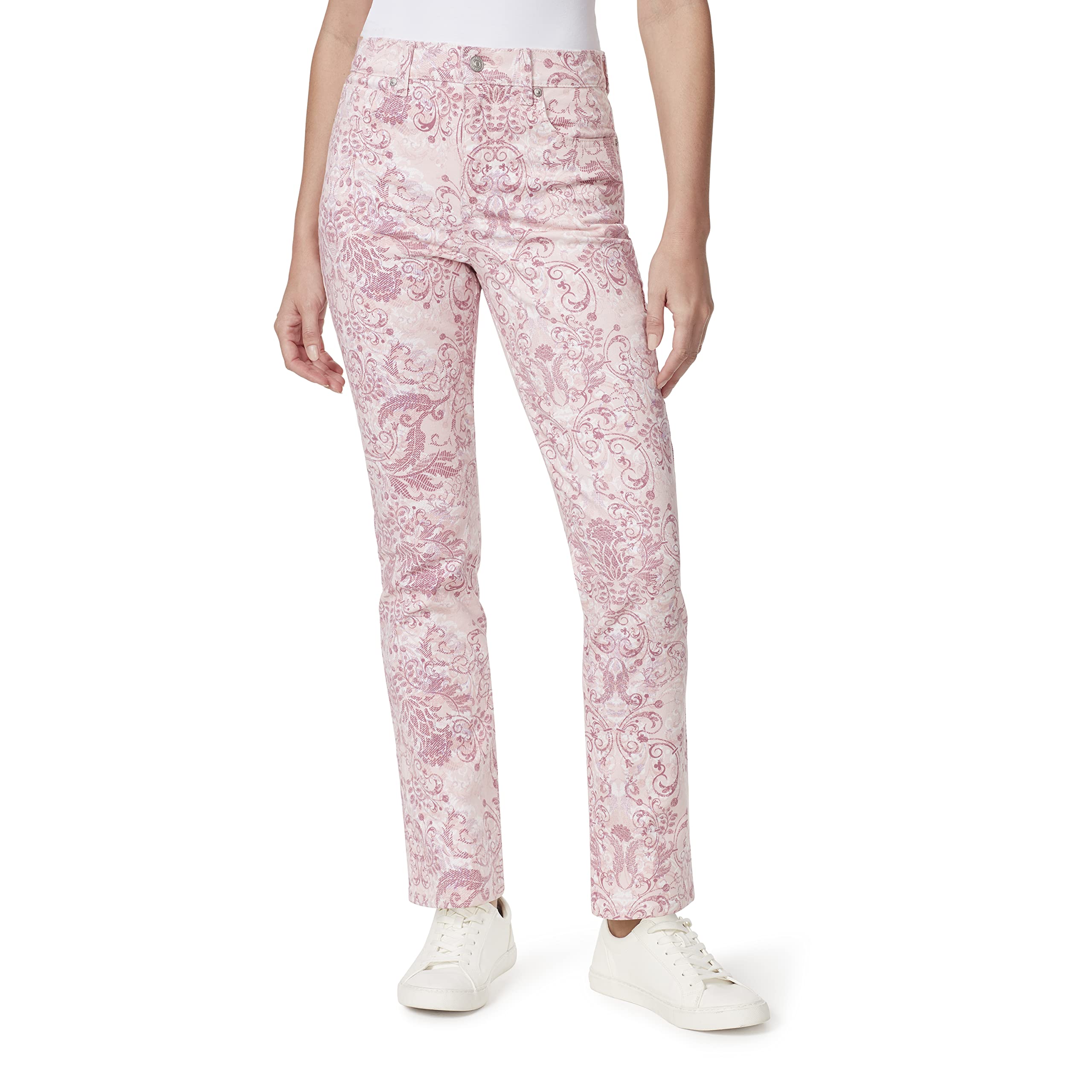 Gloria VanderbiltWomen's Plus Size Amanda Classic High Rise Tapered Jean, Rosy Pink Roman Scrolls