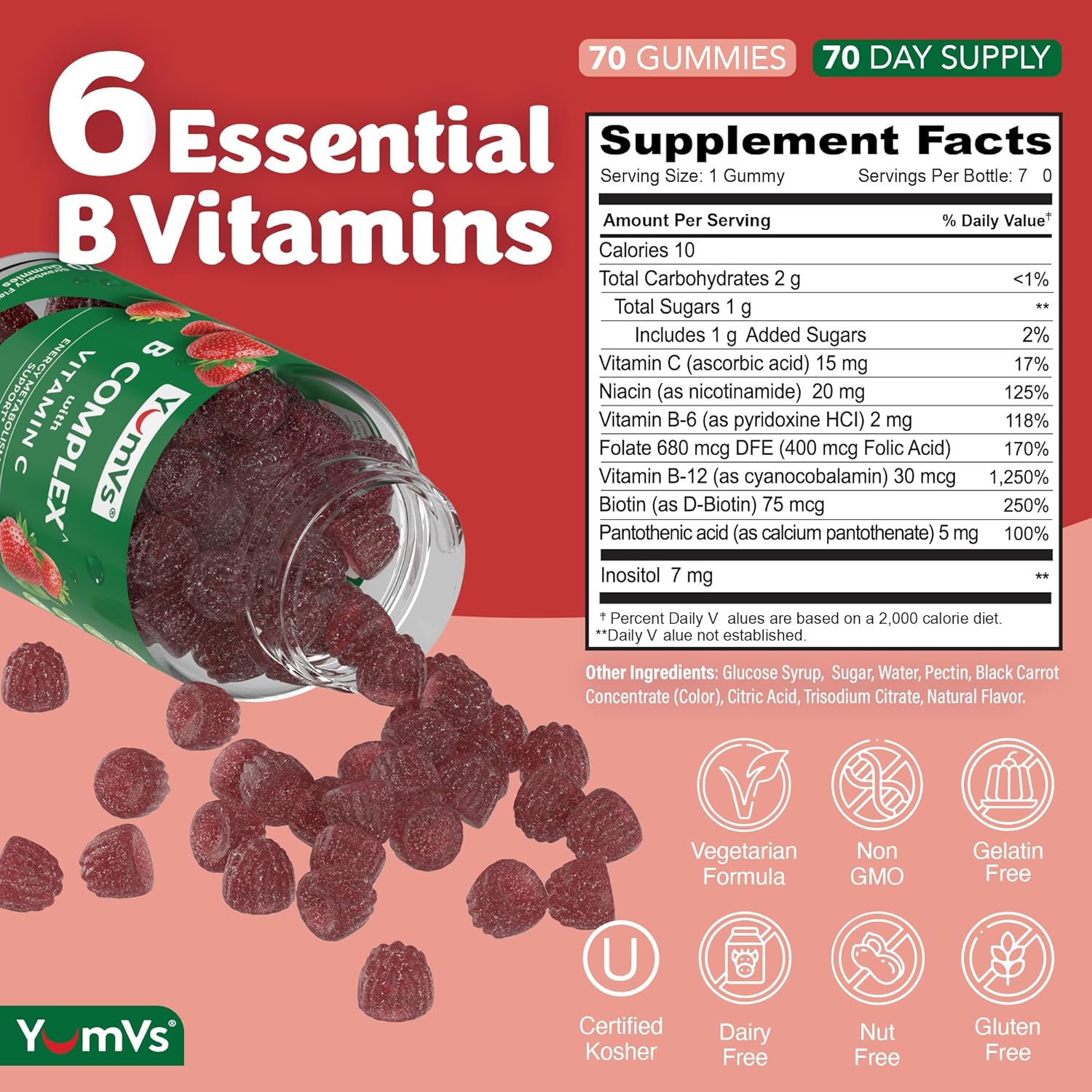 B Complex Gummies with Vitamin C – Great Tasting 1 a Day Energy & Nervous System Support for Adults – Vegan, Kosher, Non-GMO Vitamin B Complex Gummies with B12, B6, & Folic Acid – 70 Count (2 Pack)