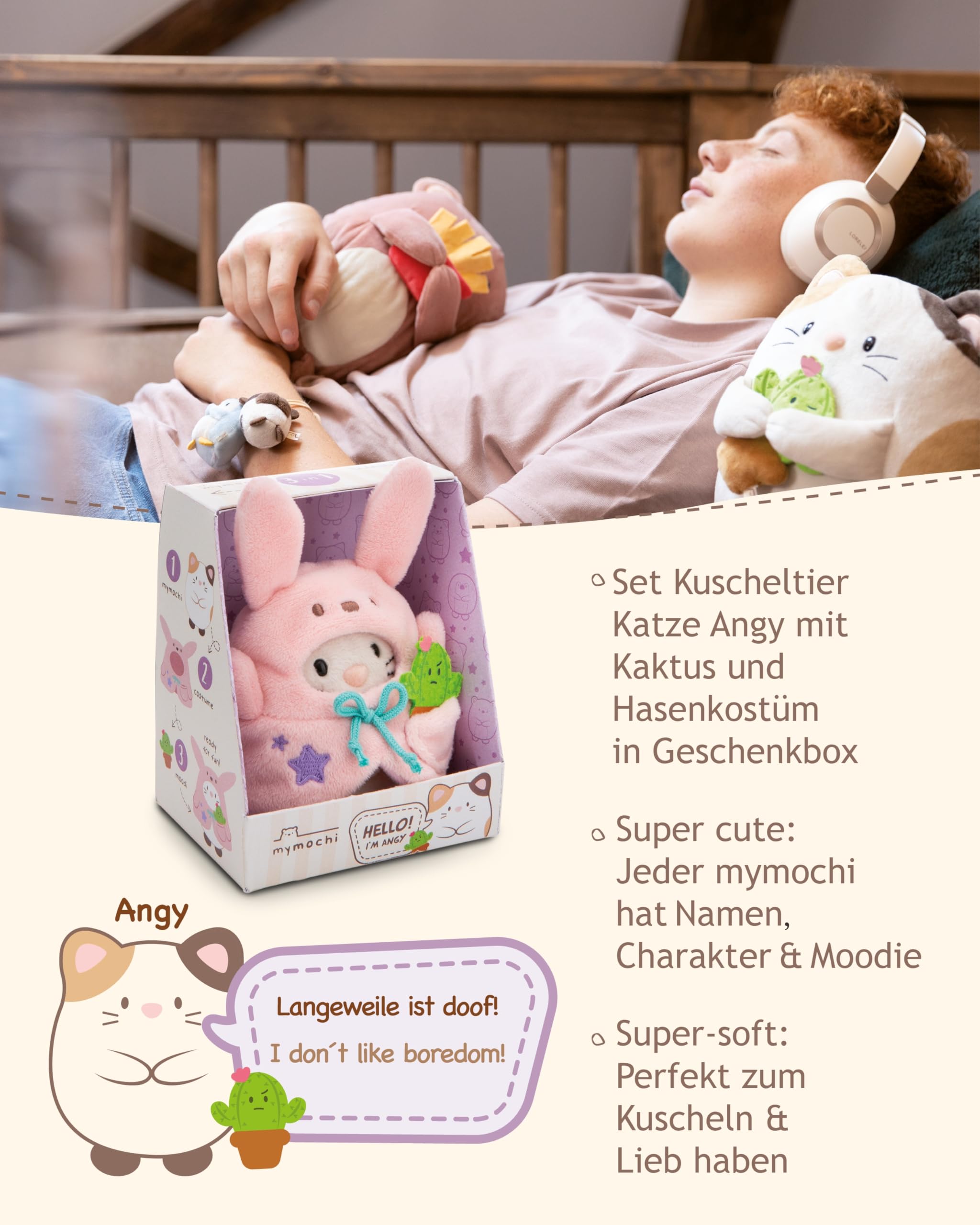 NICI MYMOCHI Kuscheltier Set - Kuscheltier Katze Angy 8 cm mit Kaktus und Hasenkostüm in Geschenkbox, Flauschiges Stofftier zum Kuscheln, Spielen und Liebhaben - 61141 - 4