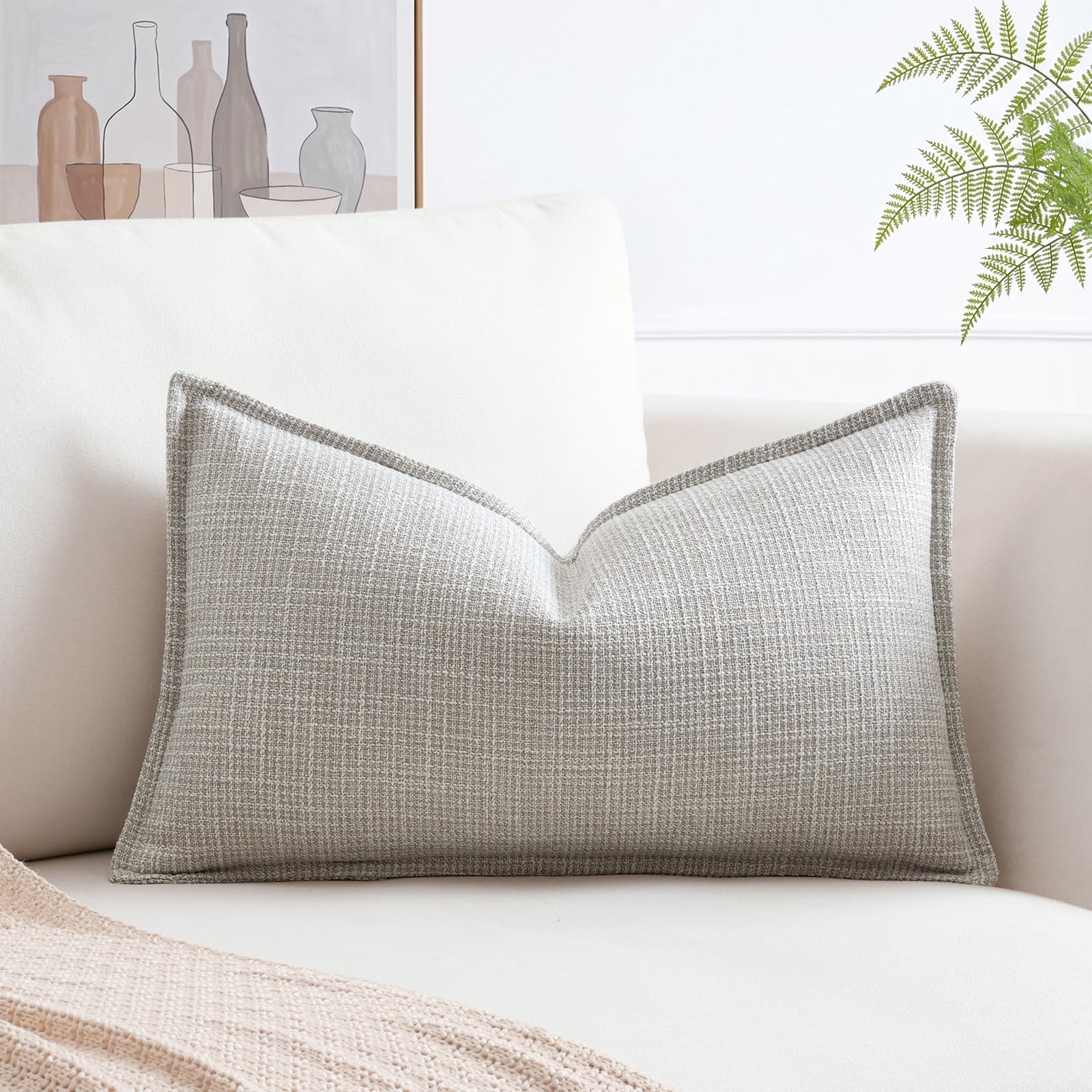 Artscope Pack of 1 Beige Lumbar Cushion Cover 16x24 Inch Linen Texture Couch Throw Pillows Farmhouse Pillow Covers with Elegant Design for Sofa Bedroom Living Room Home Decor 40 x 60 CM