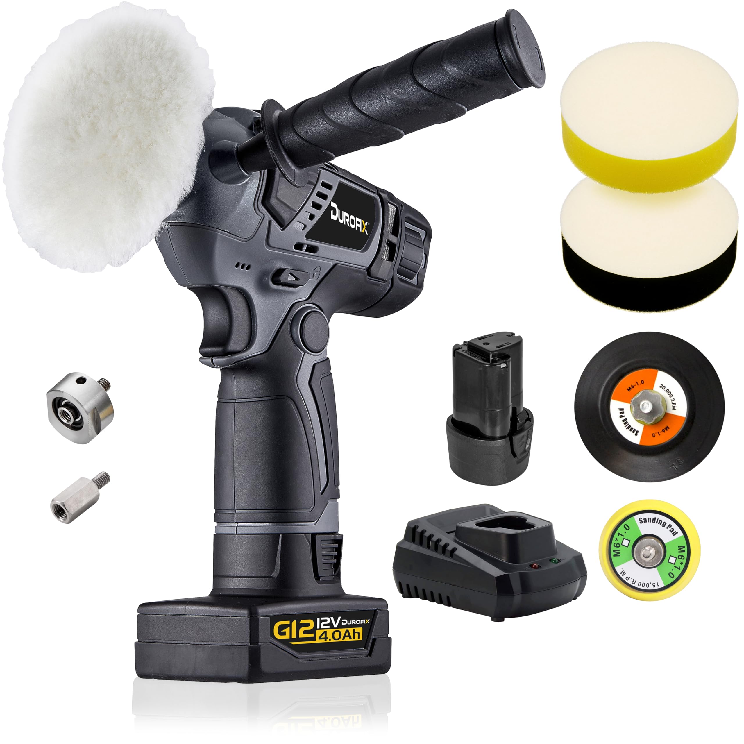 Durofix Rs1222 Cordless Car Polisher And Buffer, 12 Volt (10.8V) | G12 Series Of Power Tools, Kit Comes With 1 X 4.0Ah And 1 X 2.0Ah Battery, Plus Charger And Pads.