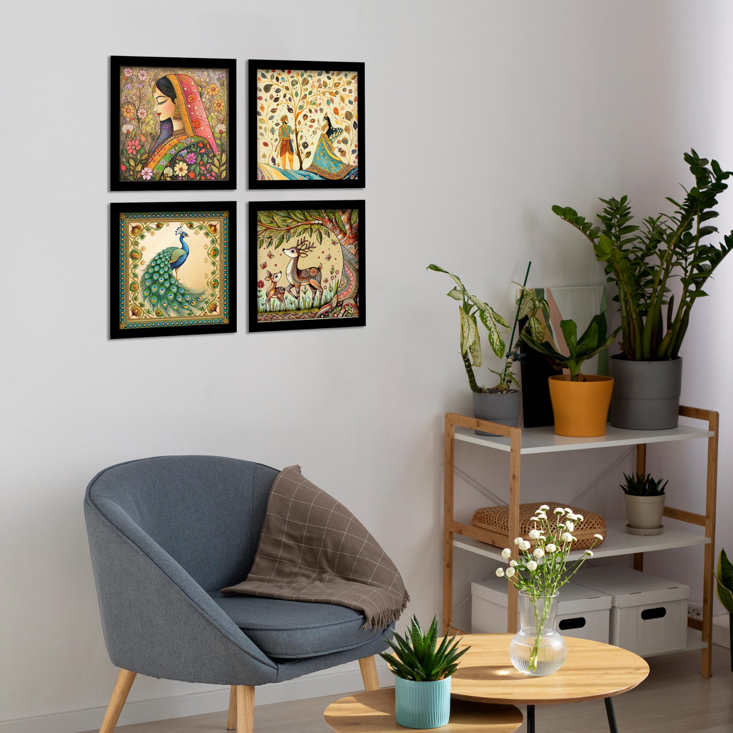 Rousrie Madhubani Art Framed Painting For Home, Living Room, Hall | Traditional Rajasthani Pichwai Art Paitnings With Frame For Home Decor (Set Of 4) 3