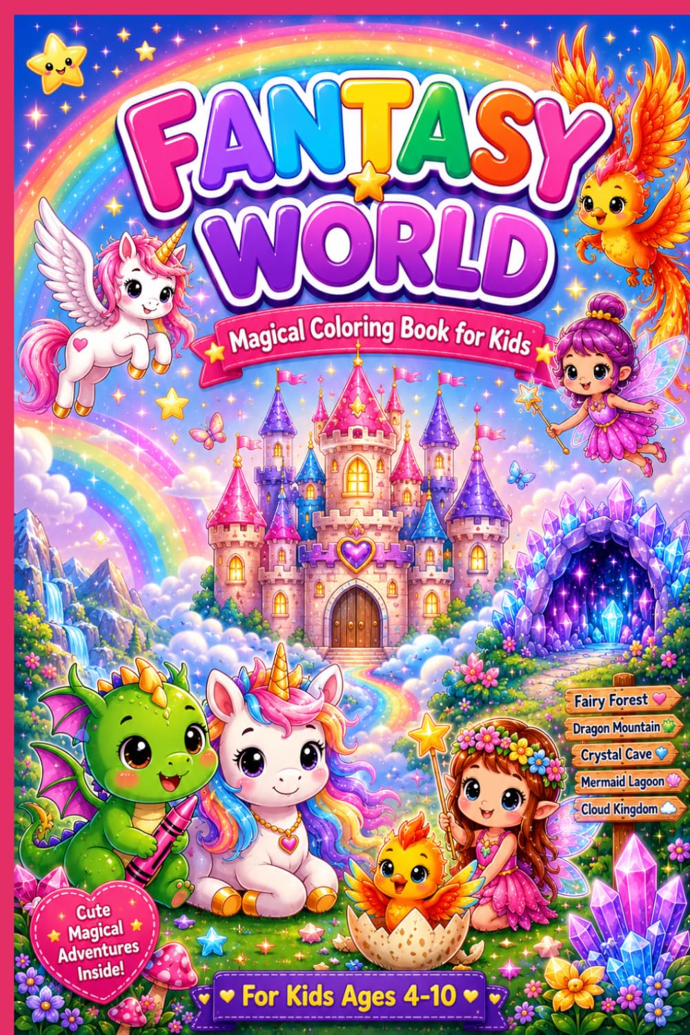 Fantasy World Coloring Book for Kids: Cute Dragons, Unicorns, Fairies, Castles, Phoenixes & Magical Adventures