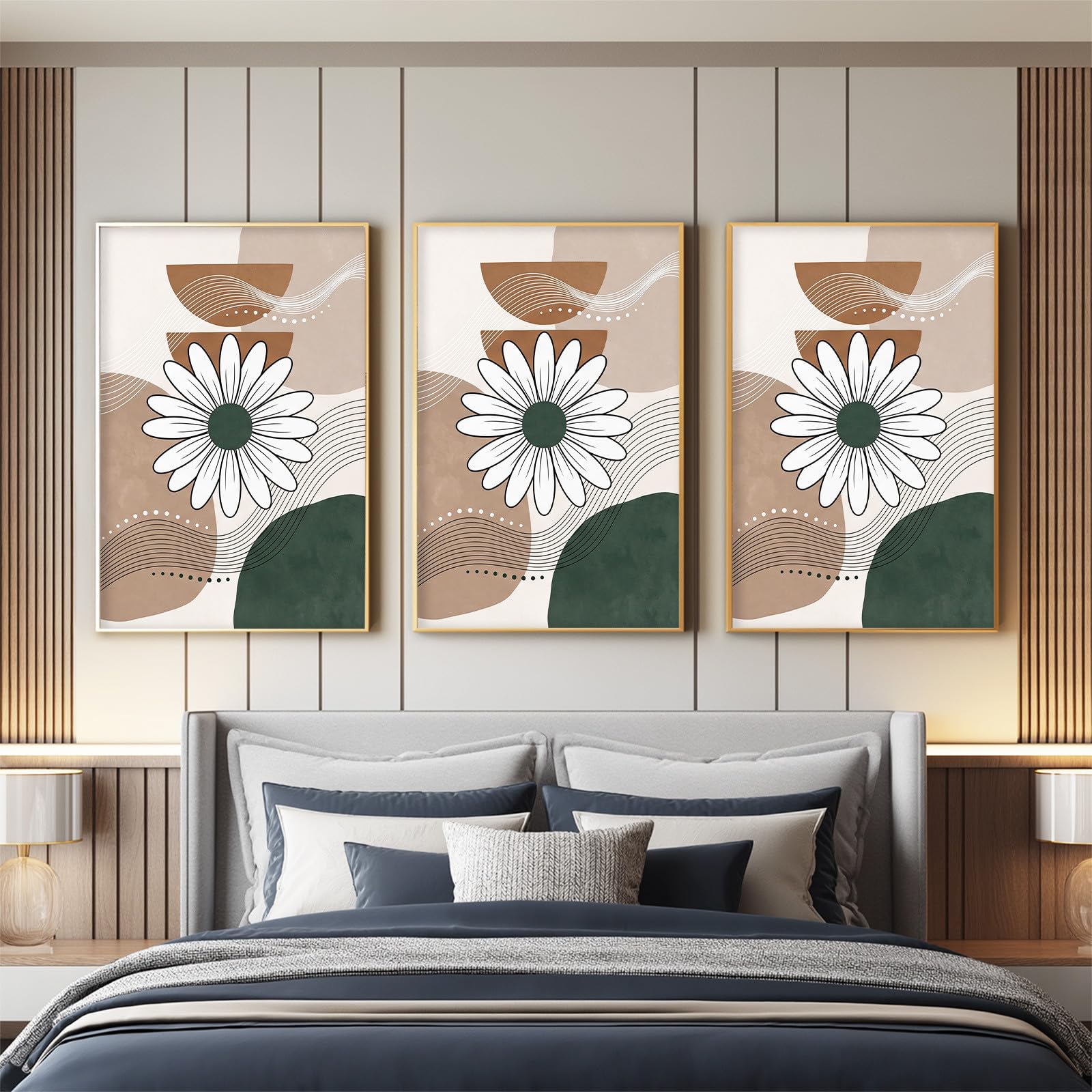 Generisch 3-teiliges Wandbild Leinwand Set 50 x 70 cm, Ohne Rahmen Triptychon Ästhetische Kunstdrucke Boho Minimalistisch für Wohnzimmer & Schlafzimmer, Linie Farbblock Gänseblümchen Ruhig Erdton