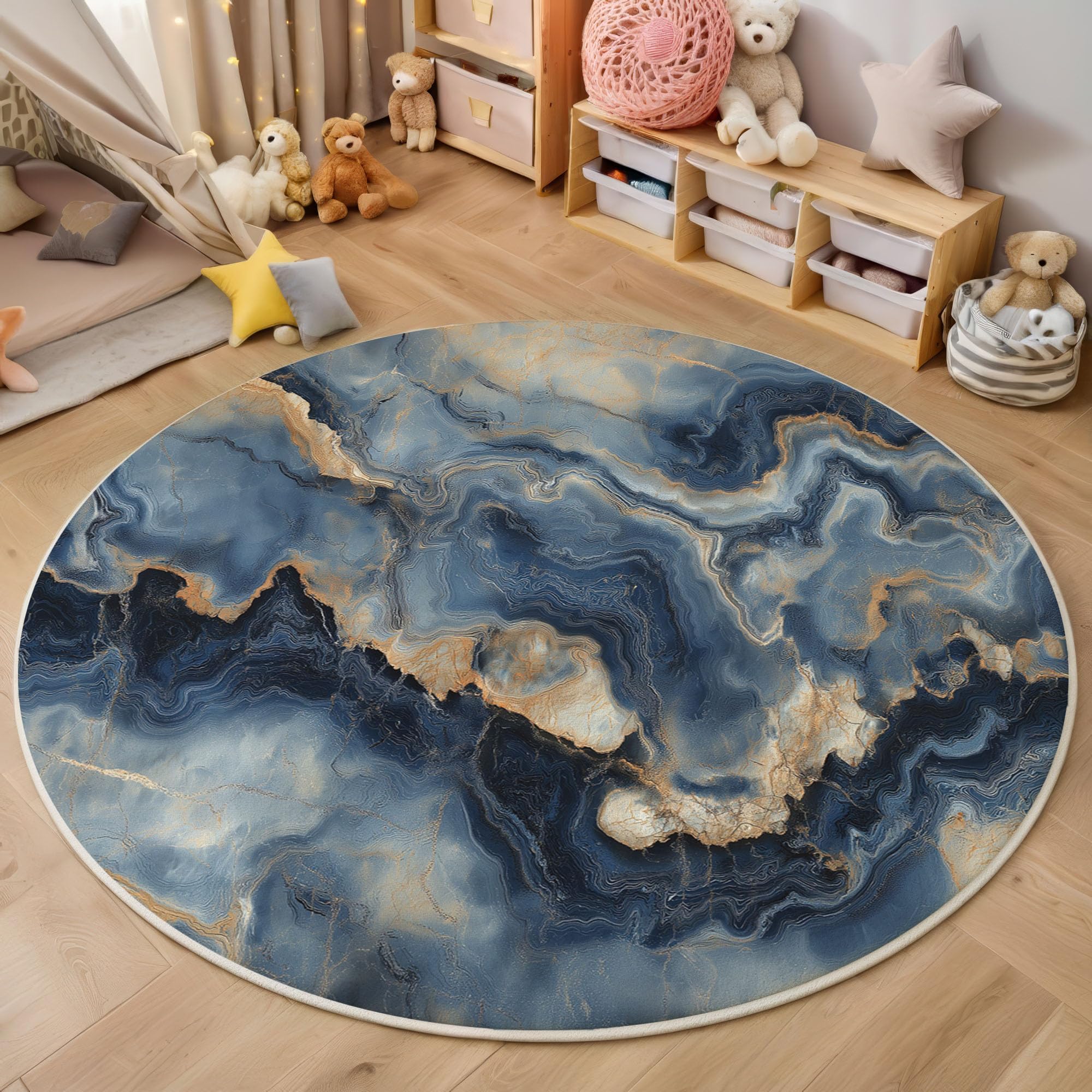 Tapis Rond Salon Marbre Bleu Doré 120cm, Luxe Moderne Tapis De Salon Rond à Poils Courts, Bleu Moquette Antidérapant Lavable en Machine pour Chambre Balcon Terrasse