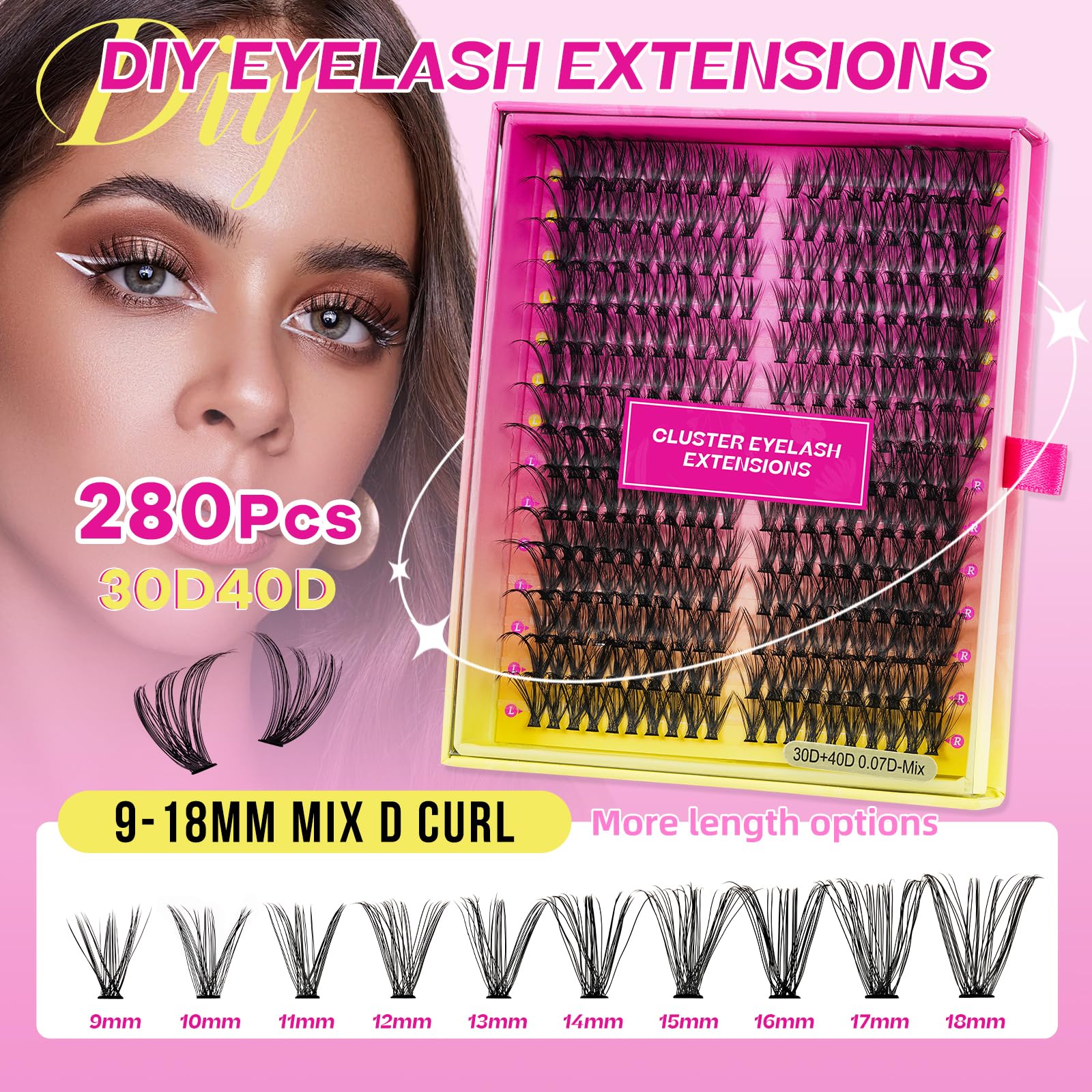 Extension Ciglia 280 Pezzi Ciuffetti Ciglia Finte Kit,Set Ciglia Finte Extension Fai Da Te,Fake Eyelashes, Ciglia Singole 3040D D Curl Diy Eyelash (3040D, 9-18mm Mix)