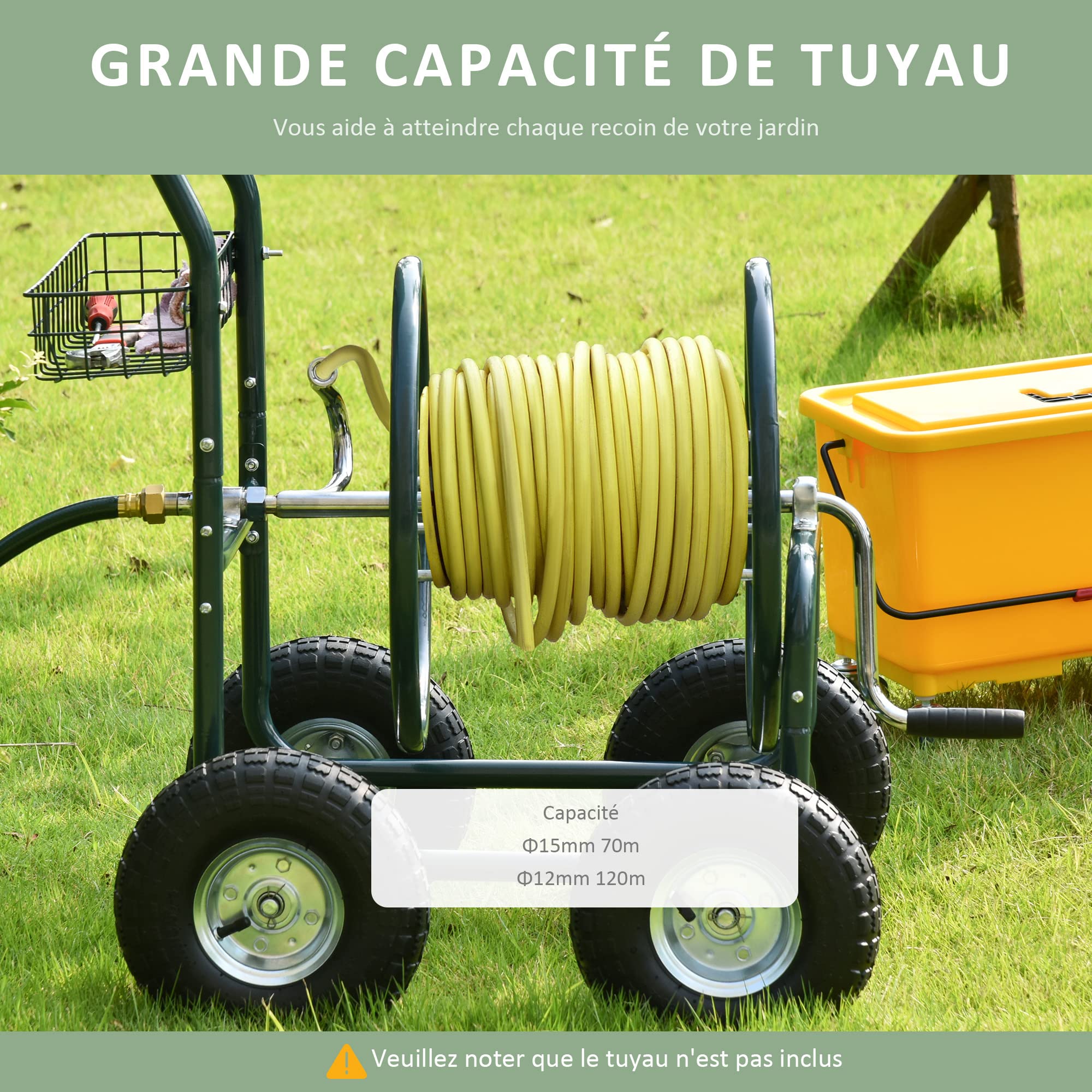 Outsunny Dévidoir sur Roues 70 m - dévidoir métal - dévidoir Chariot - Enrouleur Tuyau d'arrosage - poignée antidérapante, Panier Rangement - métal Vert