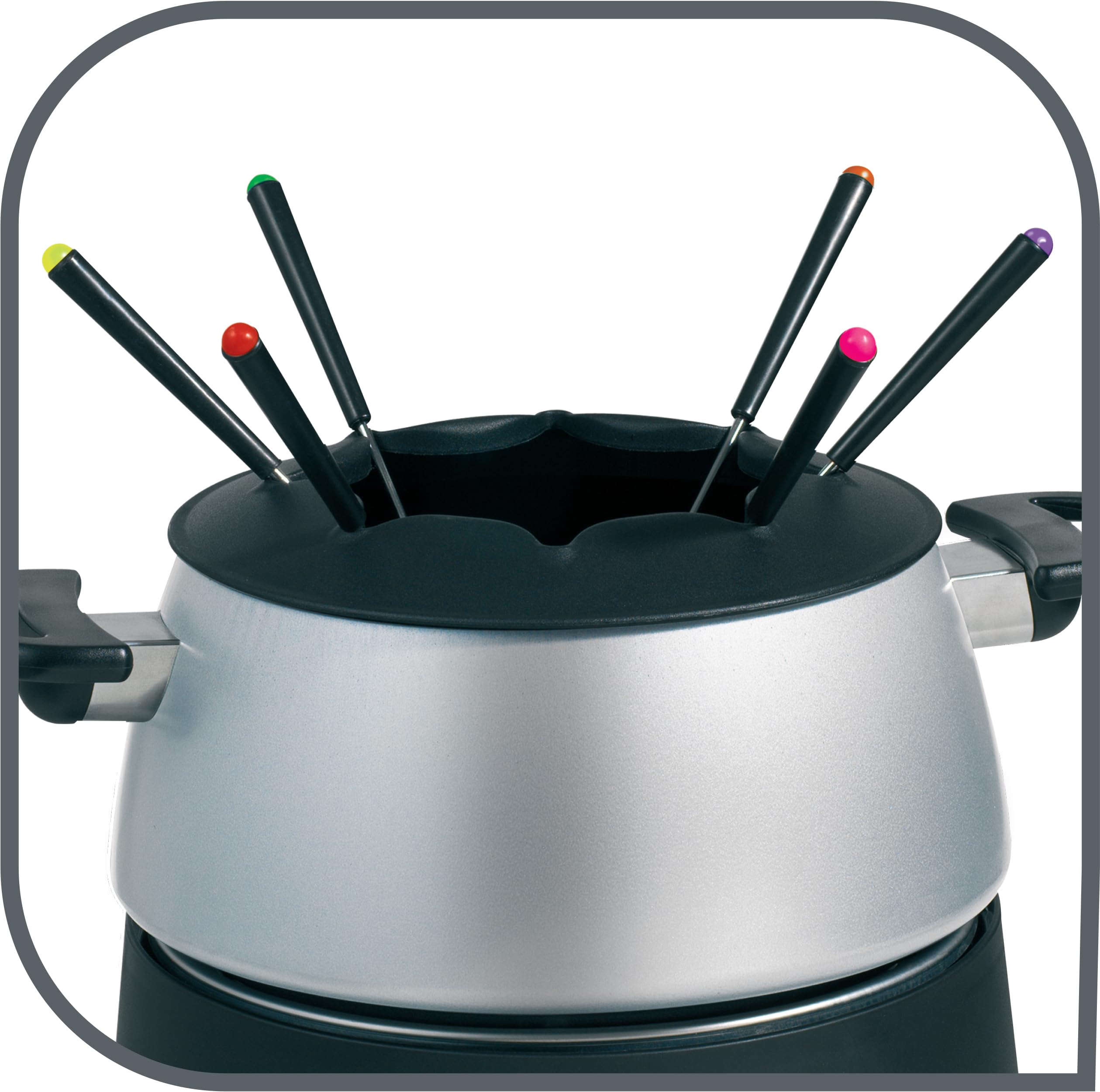 Tefal EF3000 Fondue Base Ronde|1200 Watt| mit 6 farbigen Gabeln| Für jede Fondueart: Öl, Käse, Schokolade| mit Spritzschutz| regelbarer Thermostat| einfache Reinigung| Silber/Schwarz