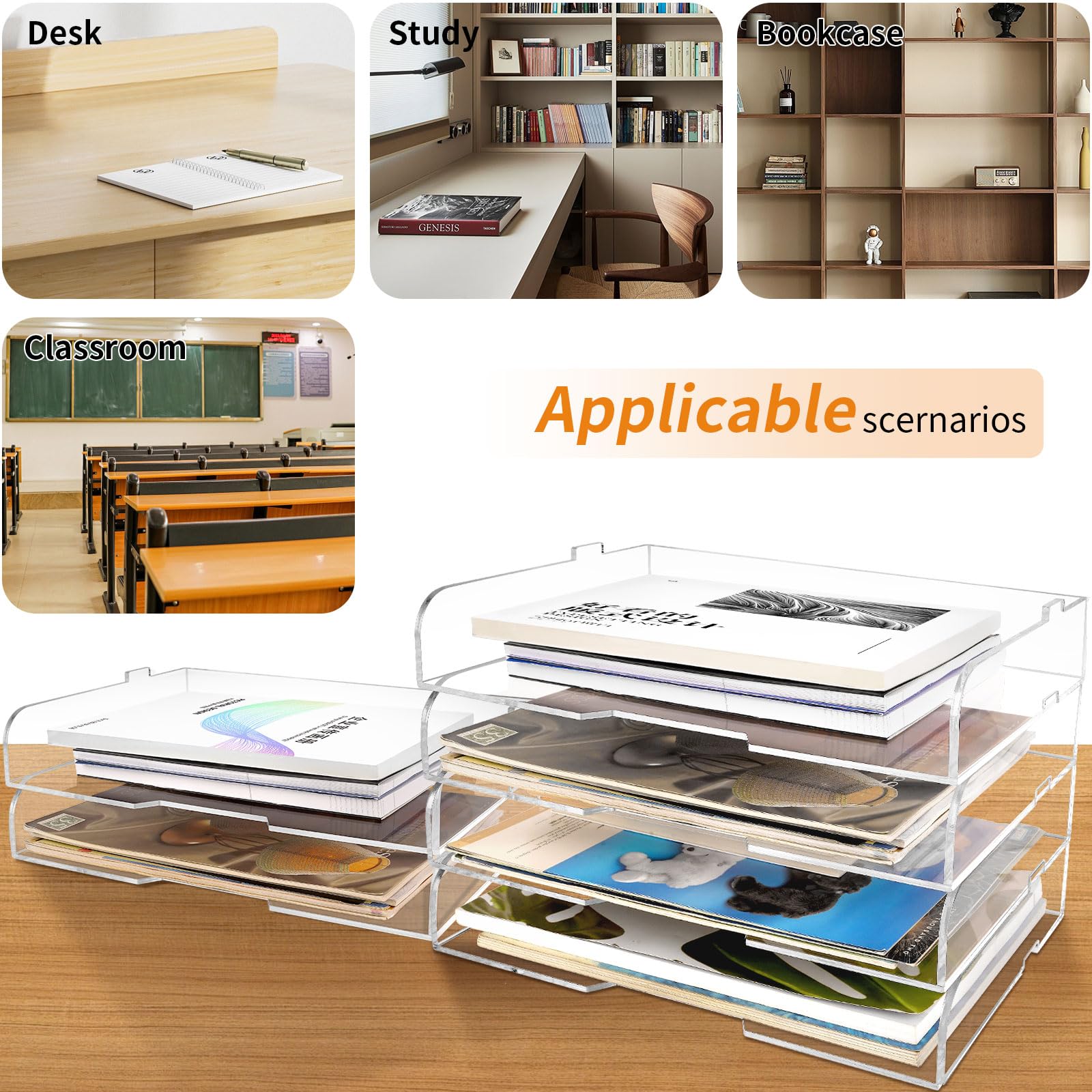 Paquete de 4 bandejas de papel apilables para cartas, revistero acrílico transparente y organizador de archivos, elegante organizador de escritorio para oficina en casa, estantería o espacio de