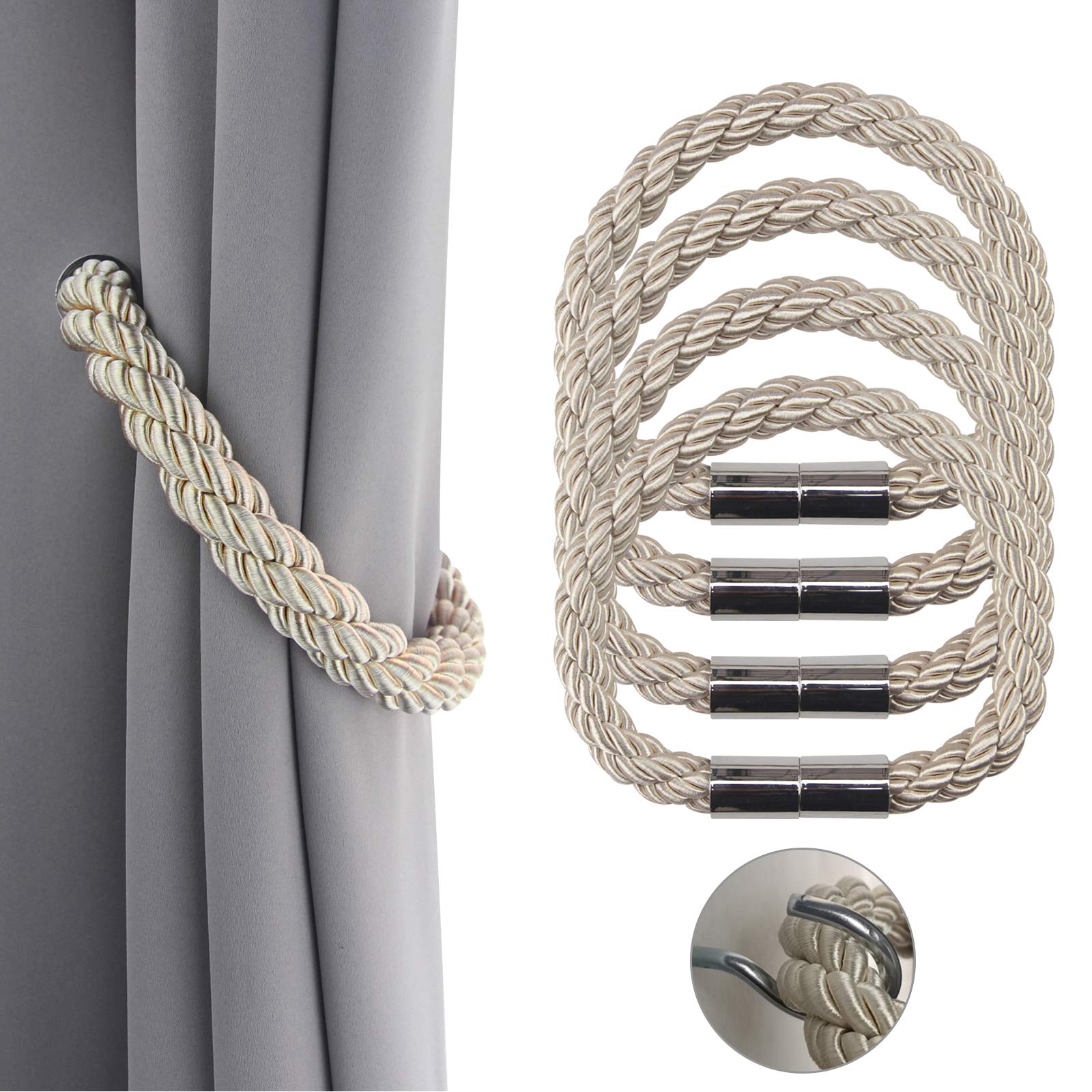 Lot de 4 embrasses de rideaux magnétiques solides - Beige - 50 cm - Attaches pratiques pour rideaux fins ou épais avec crochets en métal - Légèrement lourdes