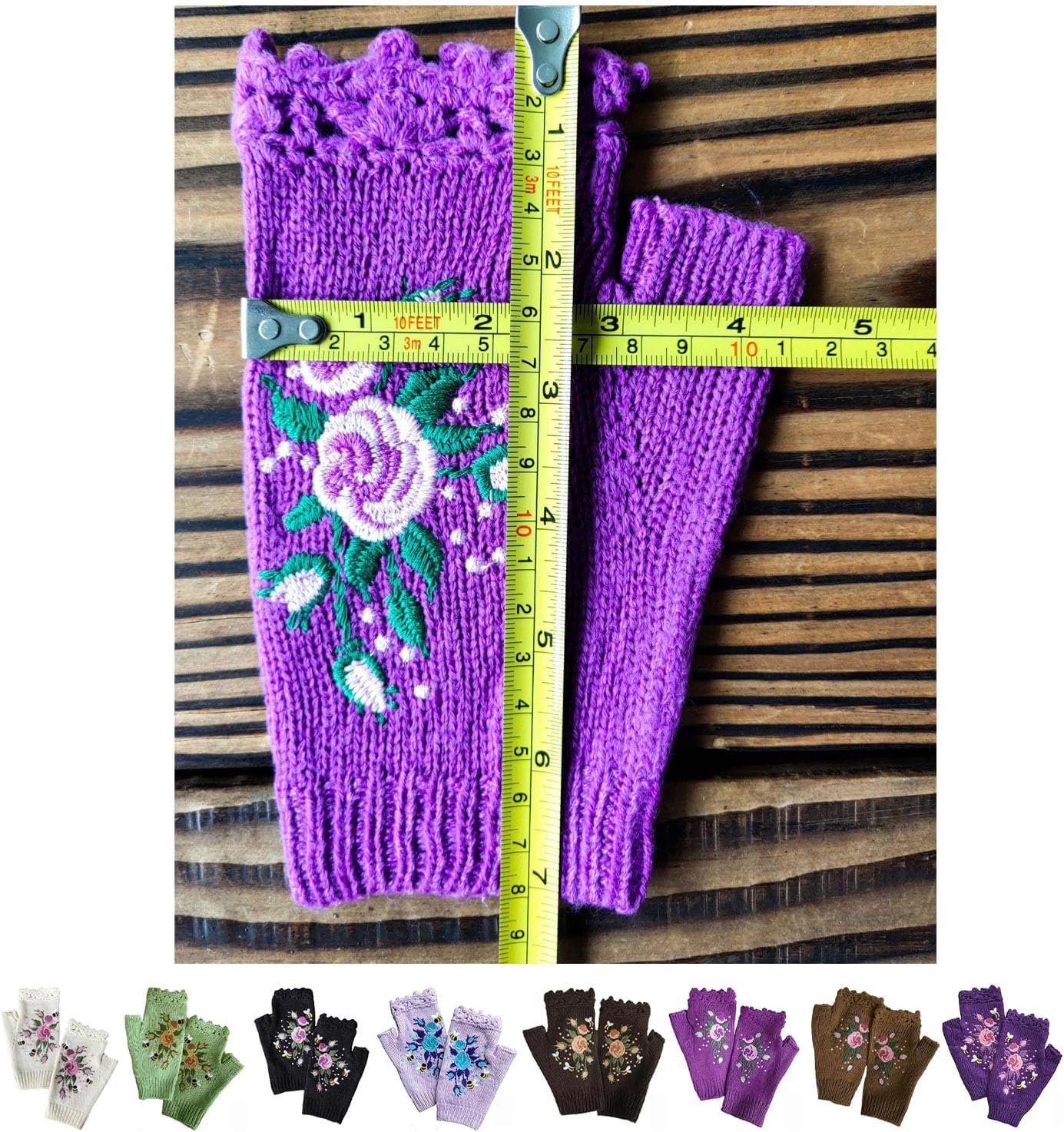 Women's Hand Embroidered Knitted Flower Fingerless Gloves, Purple, One Size - Image 6