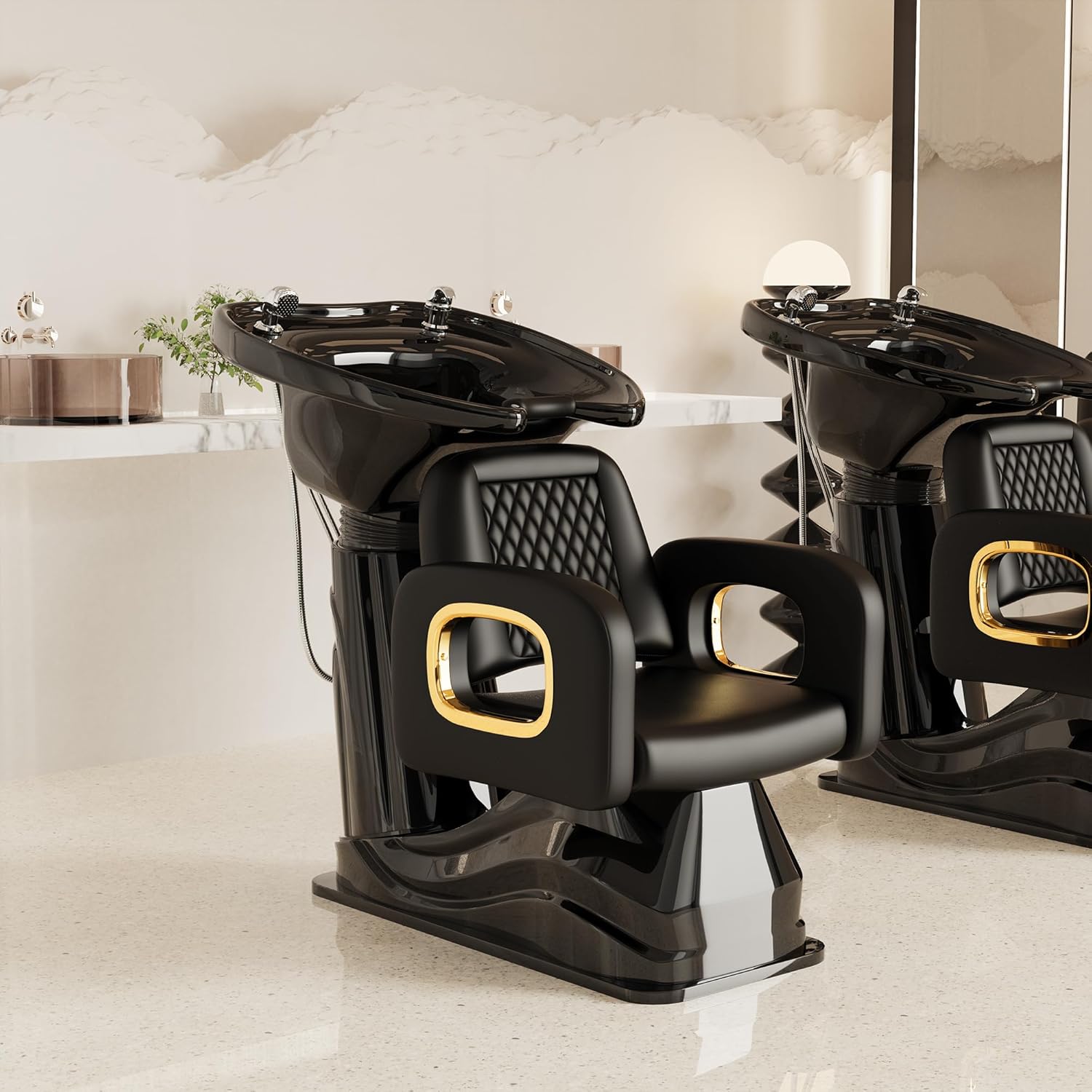 Baasha Black and Gold Shampoo Chair, Professional Shampoo Bowl and Chair Set for Salon, Comfortable Barber Backwash Chairs with Memory Sponges Cushion, Hair Washing Station for Barbershop