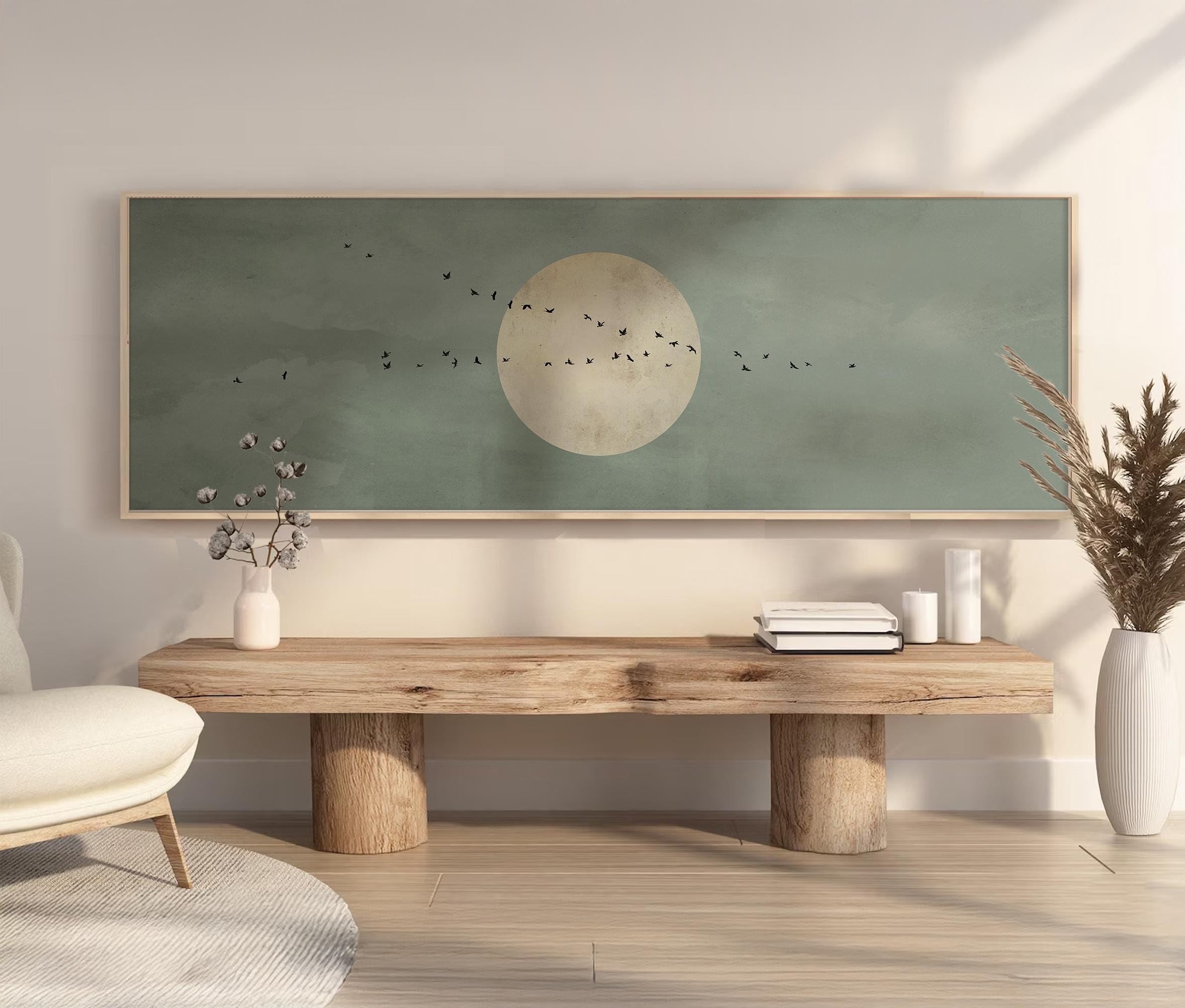 YUSUZHU Quadro su tela Japandi con luna verde salvia - Grande decorazione panoramica per la decorazione del letto. Immagini, dipinti, poster, stampe murali (40x120 cm/cornice interna)