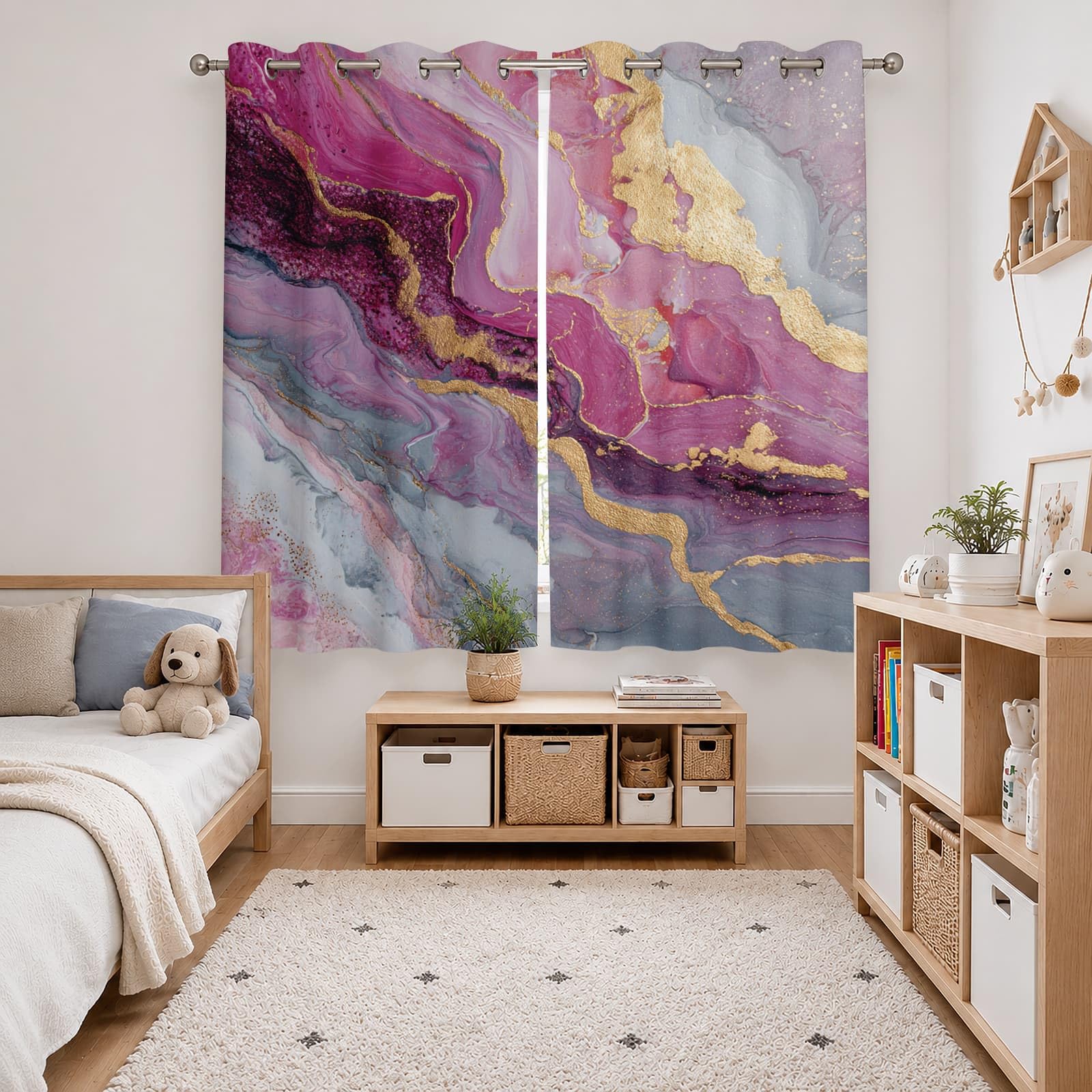 Genérico Aislantes Cortinas Opacas para NiñOs 140An x 260Al cm (2 Paneles), Arte MáRmol Textura PoliéSter Cortinas Privacidad Rosa Cortina con Ojales para Sala de Estar y Dormitorios