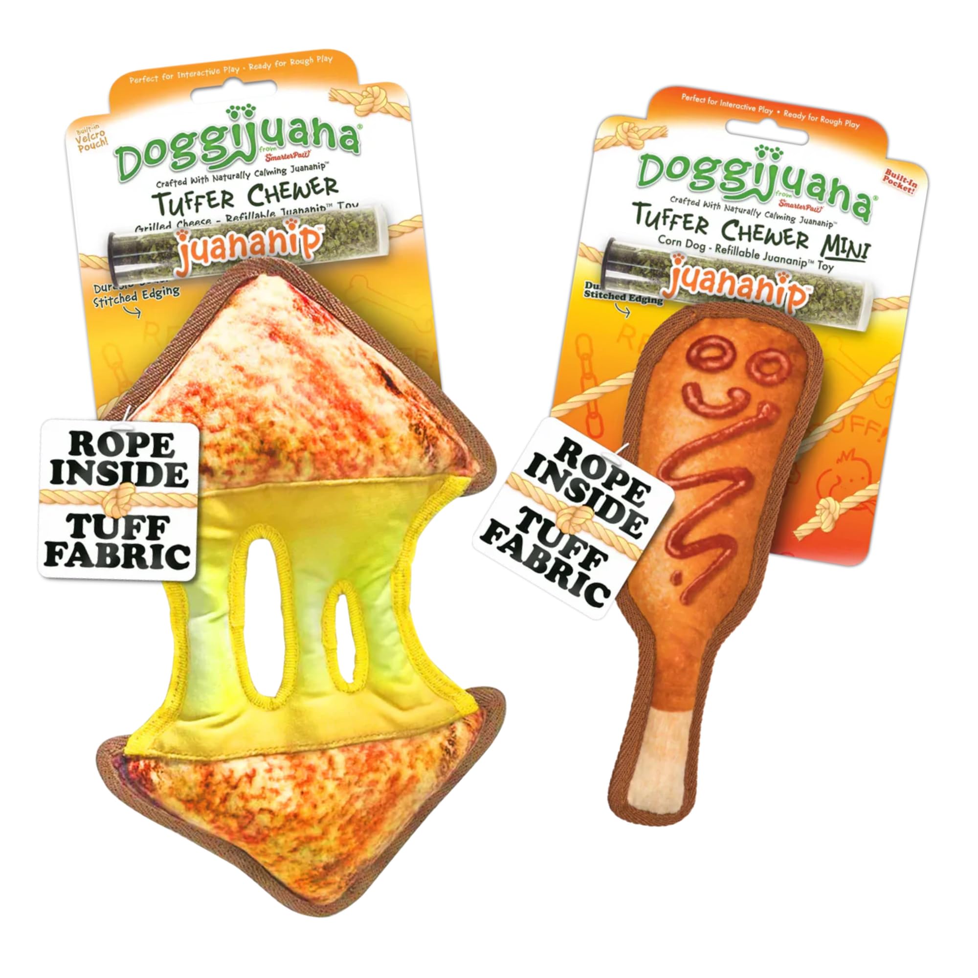 Doggijuana Cafe Combo Refillable Juananip Toy Bundle | Grilled Cheese & Corn Dog | Funny Dog Toy Plush with Catnip and Refill | Interactive Chew for Play
