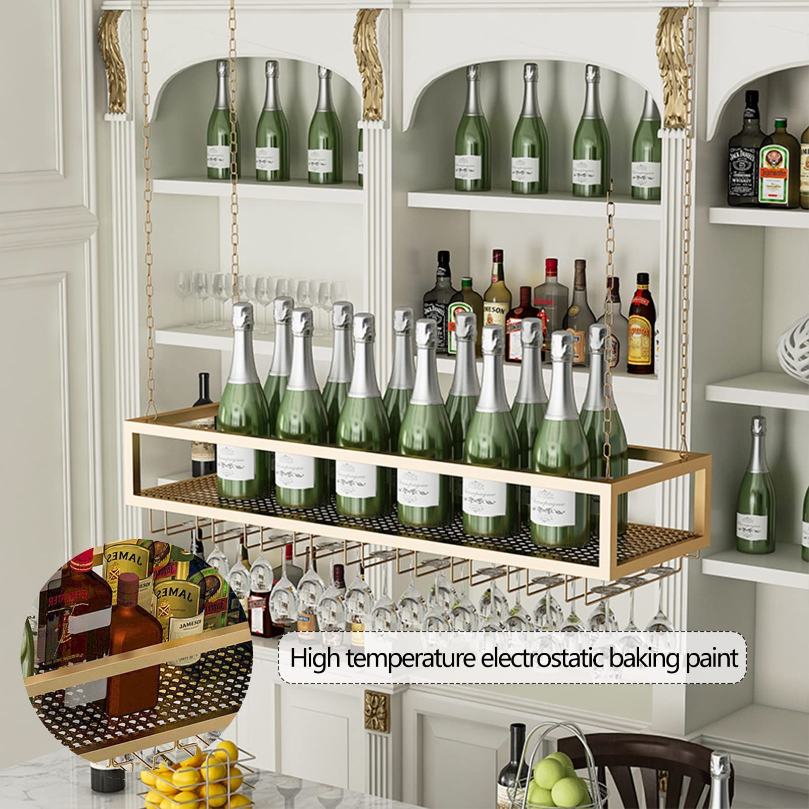 Estante para Copas de Vino bajo Estante, Soporte de Metal Dorado para Copas, Organizador Colgante para Mueble Bar y Cocina - Diseño de Cadena de Hierro (100x25x21cm)