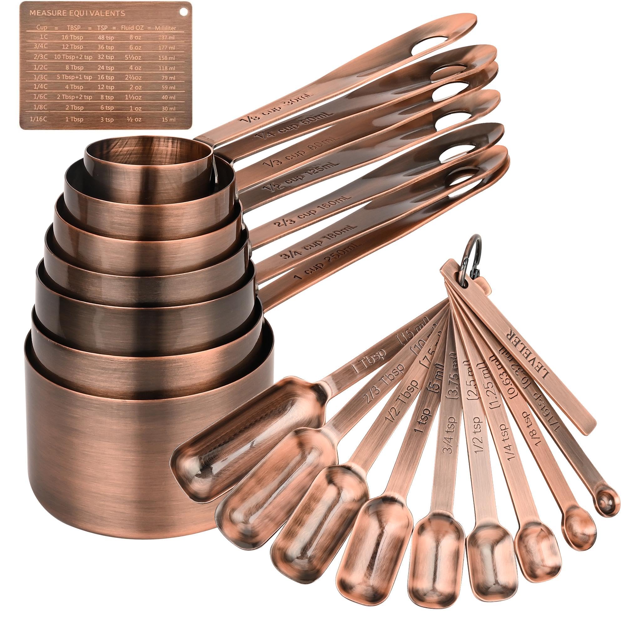 Juego de 18 tazas y cucharas medidoras de cobre, 7 tazas medidoras de cobre, 9 cucharas medidoras de cobre, cucharas medidoras de acero inoxidable y tazas para ingredientes secos y húmedos