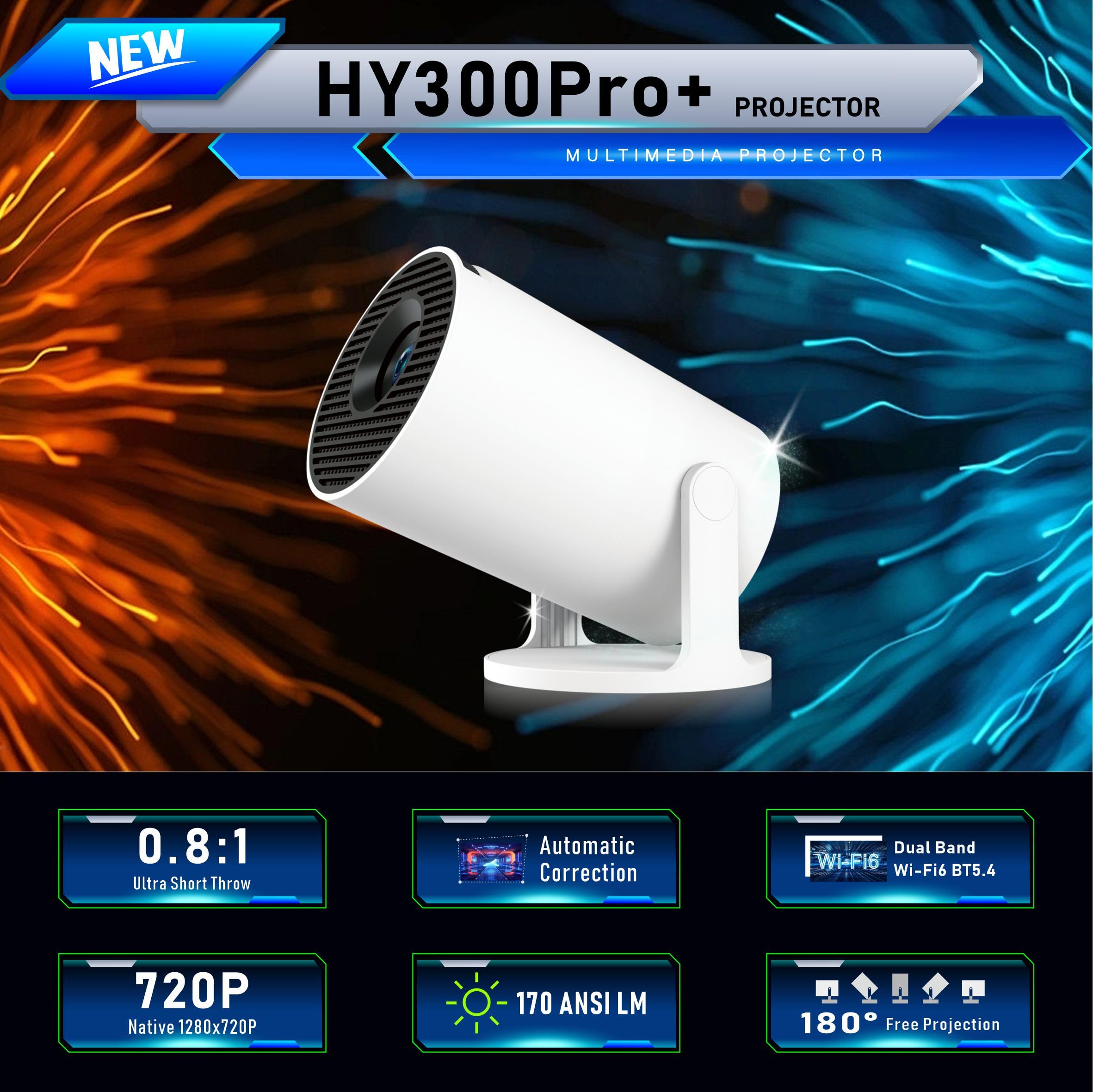 Portable Video Projecteur Mini Projecteur 4K Videoprojecteur WiFi 6 BT5.4 Android 11 Retroprojecteur 1080P Full HD Supporté pour TÉLÉPhone PC Lap HDMI Home Cinéma 180° Rotation (Middle)