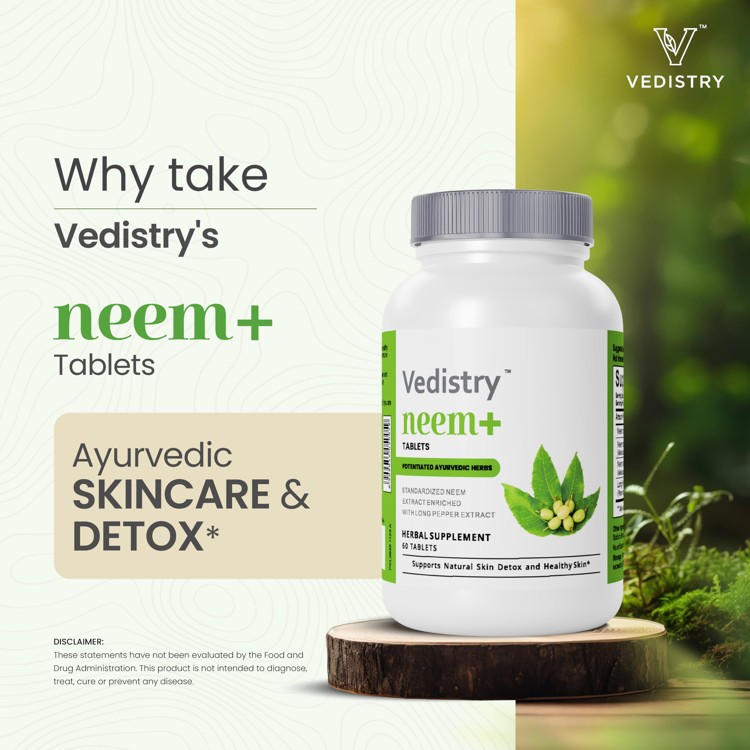 Vedistry Neem Supplements 1100mg Neem Tablets Supports Clear Skin, Detoxification & Immune Health, Neem Herbal Supplement for Acne & Promotes Healthy Skin with Long Pepper, 60 Vegan Tablets — Amazon image 3