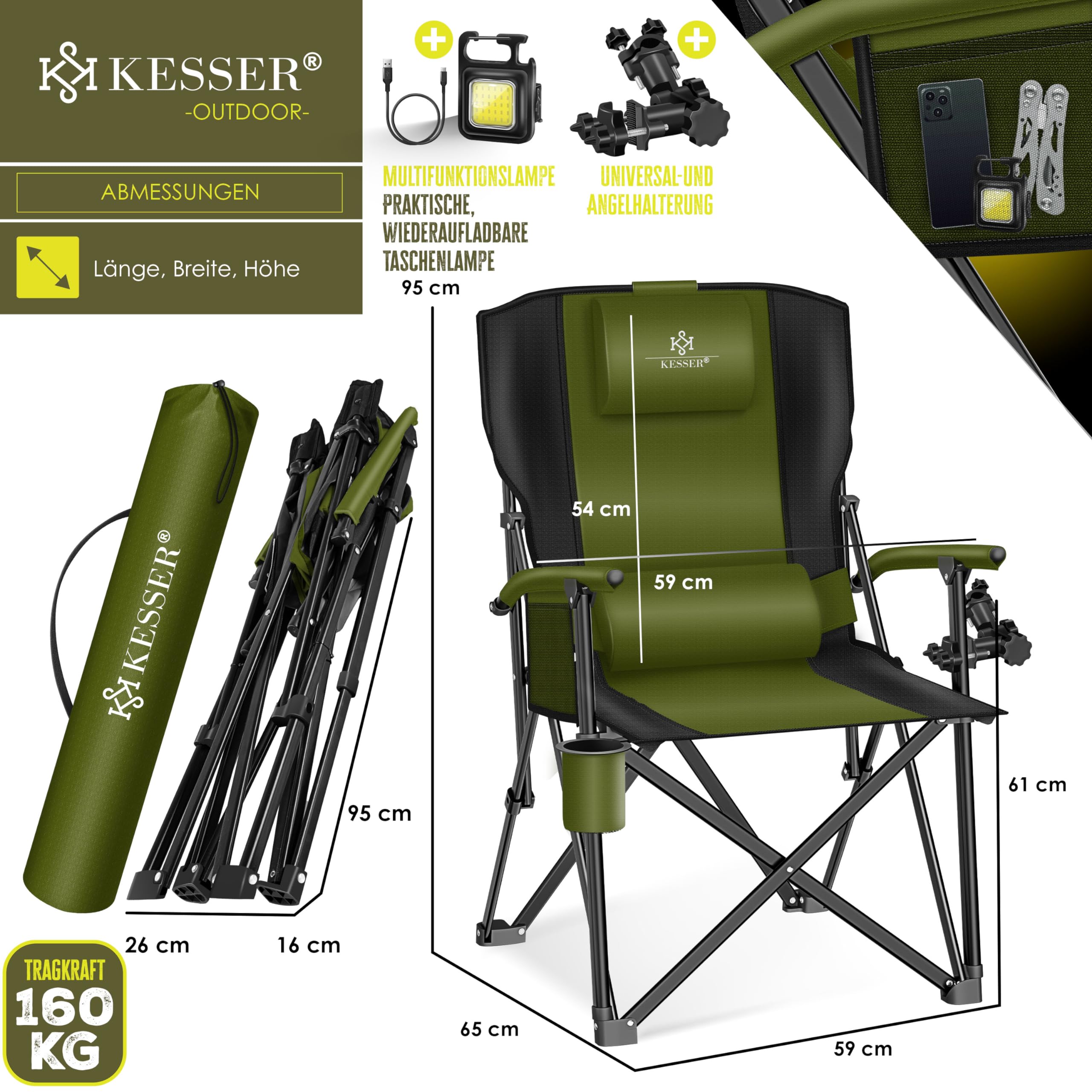 KESSER® Sedia da Campeggio Pieghevole Fino a 160 kg, Imbottita con Braccioli, Luce da Campeggio, Portabicchieri, Borsa con Schienale Alto, con Porta Canne da Pesca, Khaki/Nero