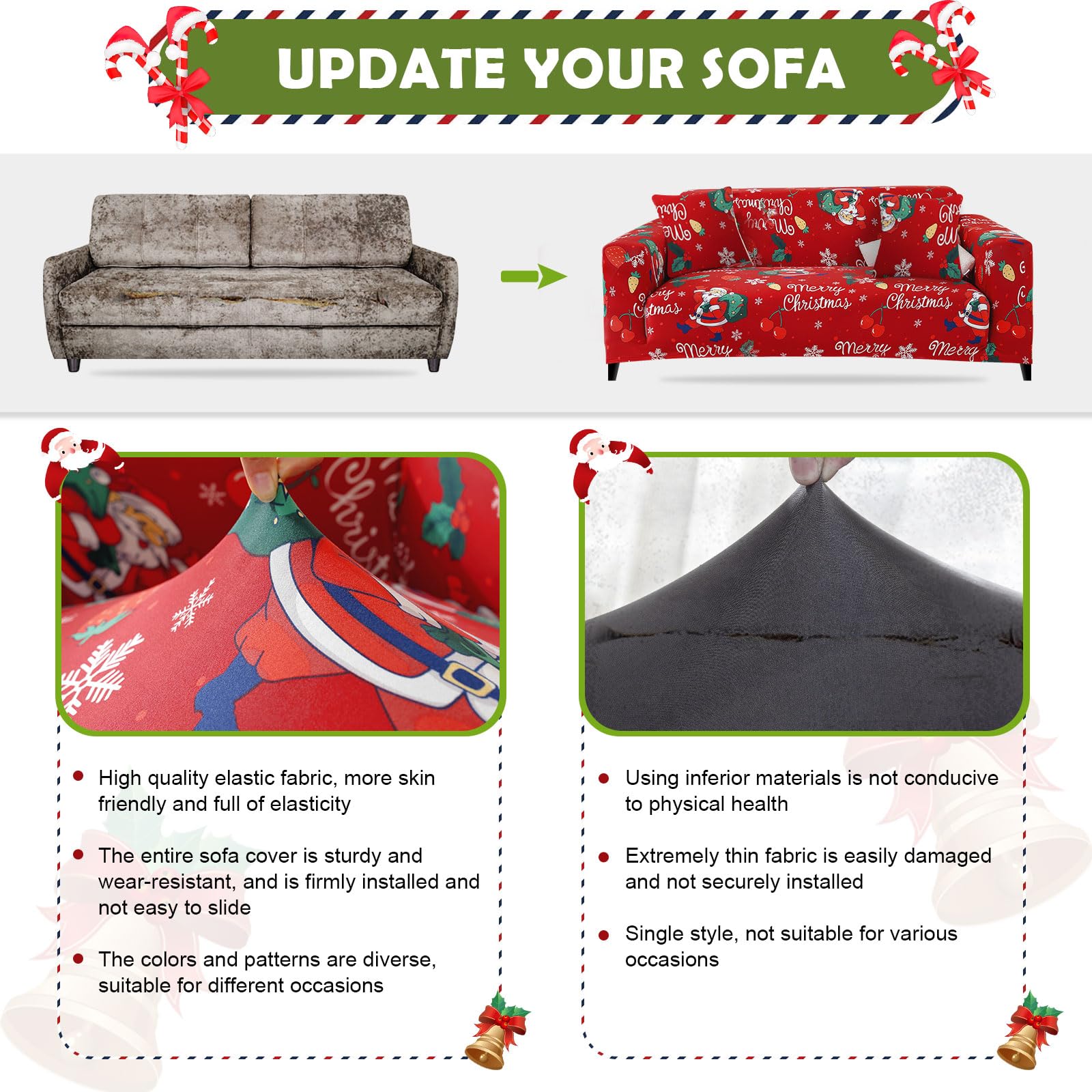 FIGOOO Copridivano Natalizio Elasticizzato 2 Posti Copridivano con Braccioli a Stampa Elemento Natalizio Copridivano Fantasia Lavabile Spandex Fodera per Divano,Ciliegia
