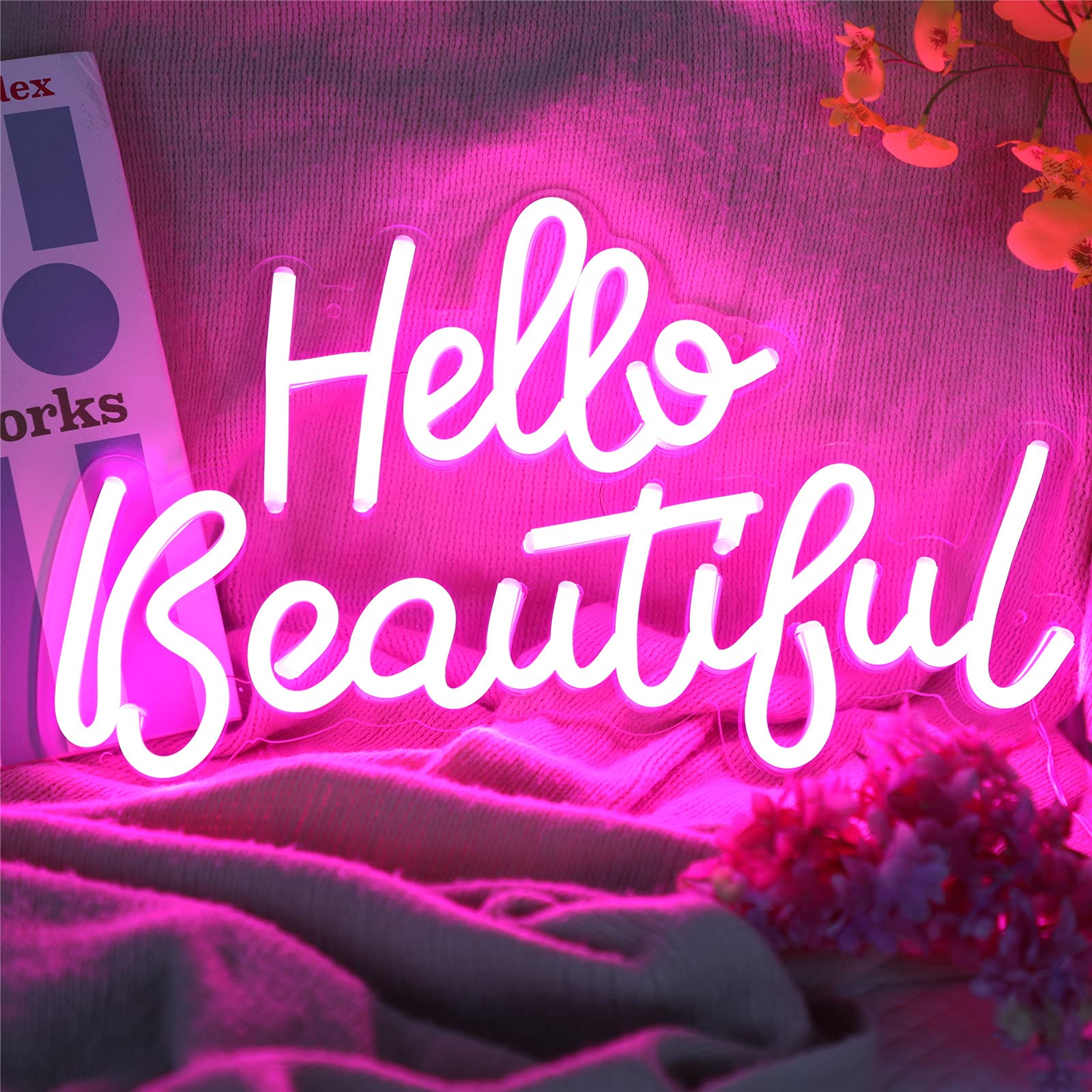 ATOLS Hello Beautiful Large Neon Sign for Wall Decor,with Dimmable Switch, Reusable Neon Light Sign for Holiday, Birthday Party, Wedding, Engagement Party, Pink 17x 11.5Inches (Power Adapter included)  Smilco Light Up Marquee Letter Neon Sign,Pink 26 Alphabet Wall Decor Number with USB and Battery Powered Lights for Wedding Birthday Christmas Party Bedroom Decoration (L)  iceagle Love Neon Signs for Wall Decor,USB or Battery Decor Light,Neon Light for Bedroom,LED Neon Decorative Lights for Christmas,Party,Girls Living Room(Blue)  Flamingo Light Neon Sign - Wall Decor Neon Lights, Battery and USB Powered Creative Lighting, Kids Gifts and Home Decor Night Lights (Tri-Color Flamingo)  Neon Signs Compatible Crs Light Sign Home Beer Bar Pub Recreation Room Game Lights Windows Garage Wall Glass Sign Home Party Birthday Bedroom Bedside Table Decoration Gifts
