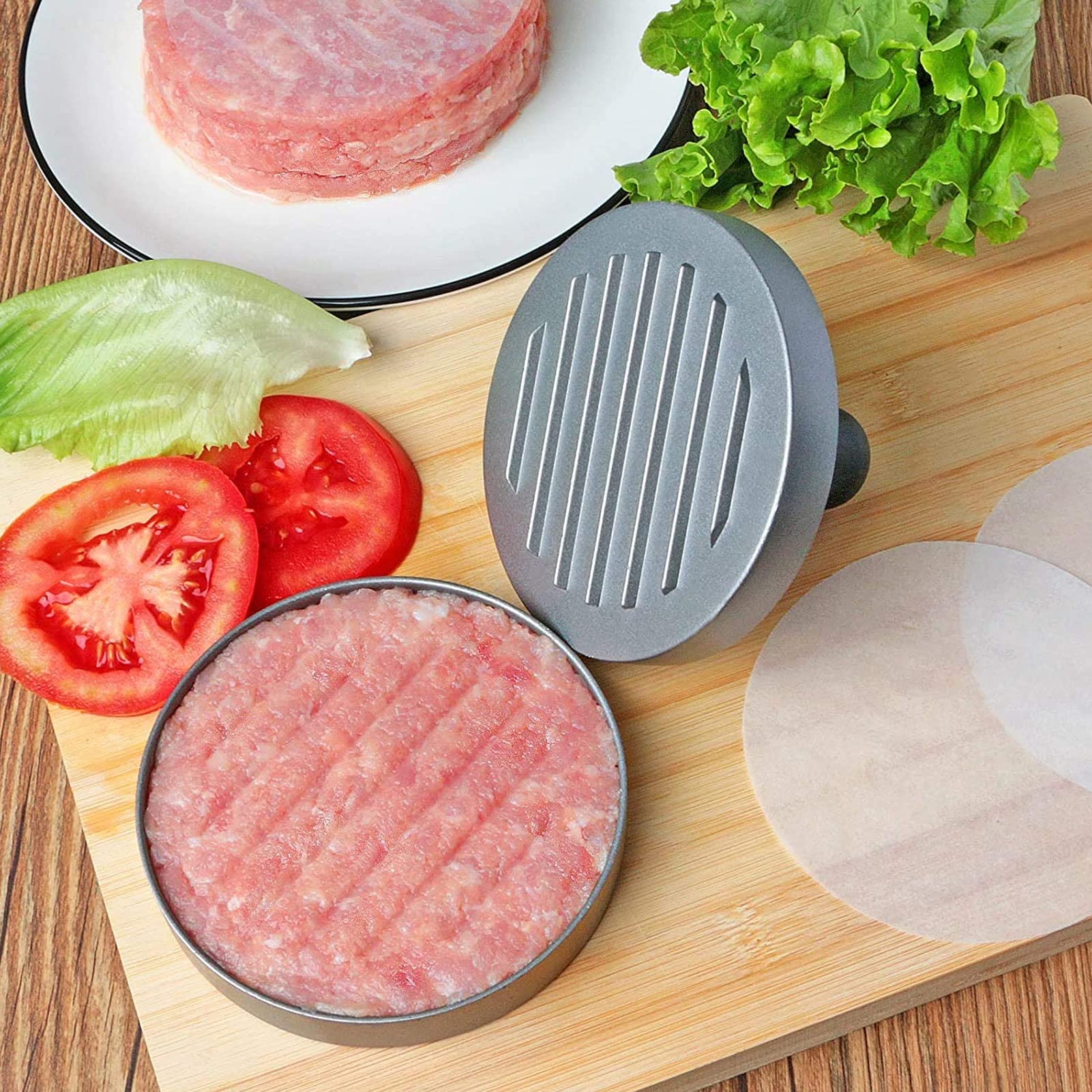 Pressa Hamburger in Alluminio - Stampo per Hamburger Antiaderente con Set di 100 Carta per Hamburger - Ideale per Hamburger di Carne e Vegetariani - Accessorio per Barbecue