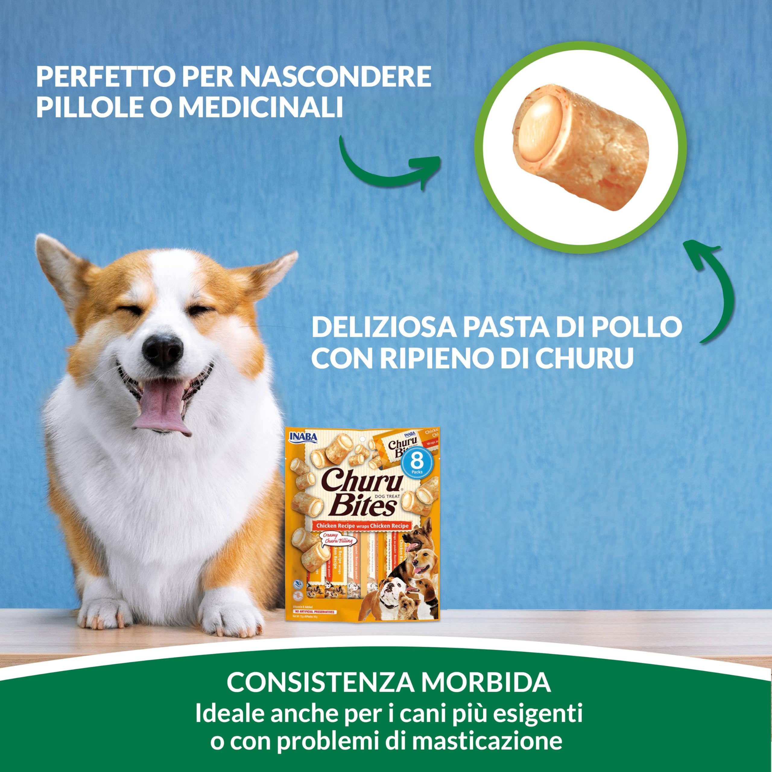 INABA Churu Bites Snack per Cani, Bocconcini di Pollo con Cuore di Pollo - 8 Pack (64 Stick x 12gr) - Premietti per Cane Morbidi e Deliziosi - Cibo per Cani Senza Conservanti o Coloranti Artificiali
