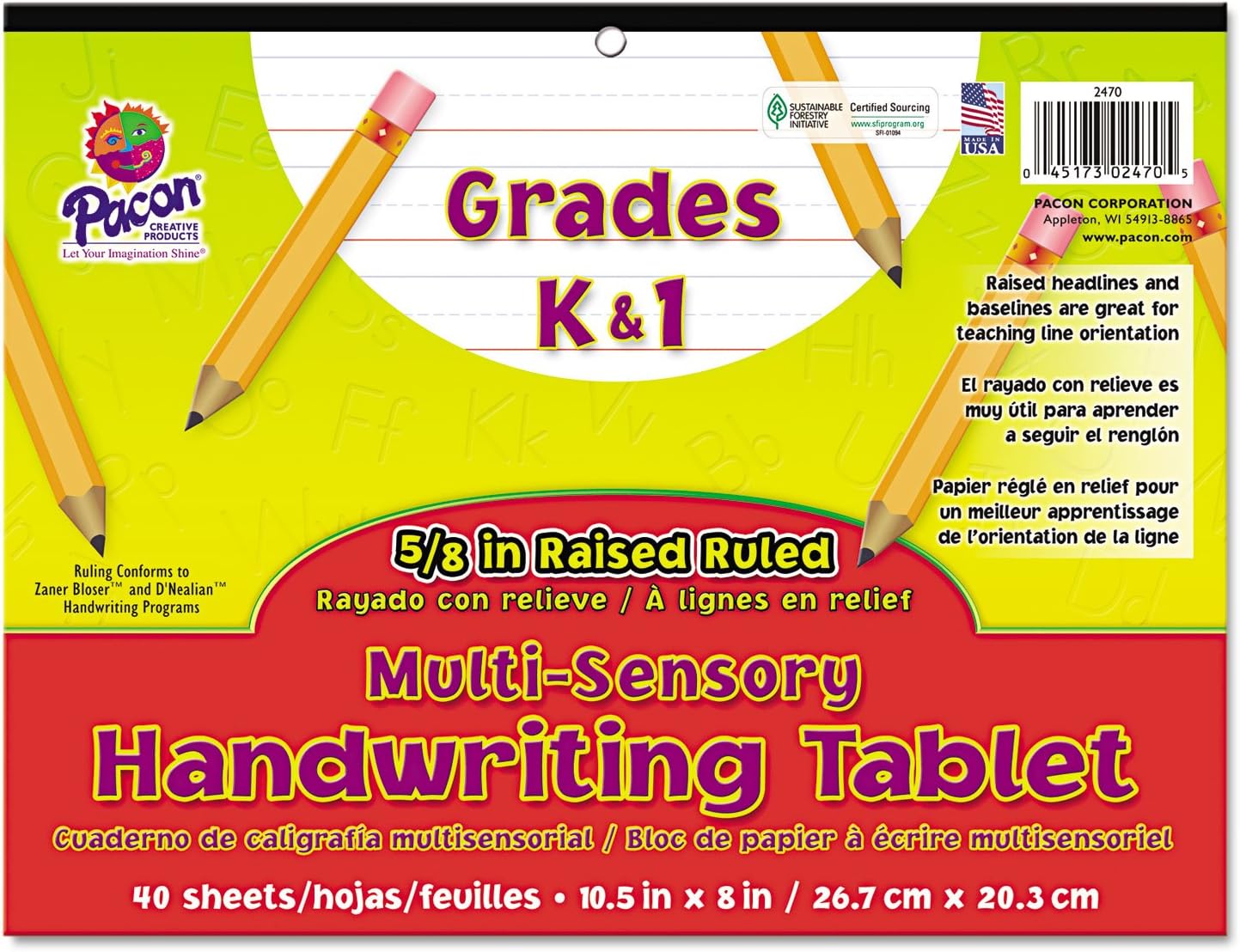Pacon2470 Multi-Sensory Handwriting Tablet, 10-1/2 x 8, 40 Sheets/Pad