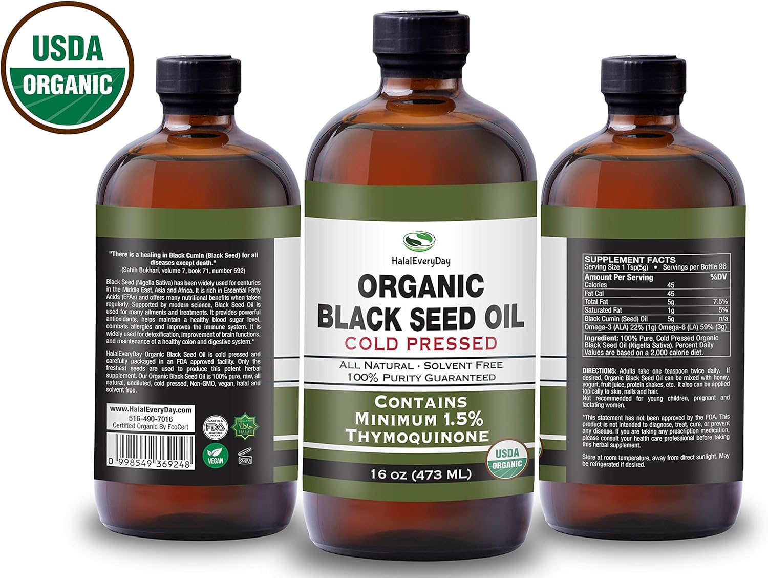 HalalEveryDay Organic Black Seed Oil - USDA Certified Cold Pressed Glass Bottle Over 1.5% 3X Thymoquinone Turkish Black Cumin Nigella Sativa Non-GMO 100% Pure Blackseed Oil (16oz Glass)