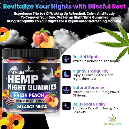 Miniatura 8 de Healthergize Gomitas de cáñamo para la noche, gomitas para siesta de alta potencia, paz y relajación, anillo de durazno comestibles, buen estado de