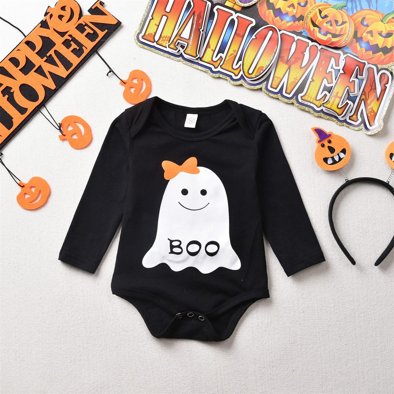 Baby Girls Halloween Outfit 3-Piece Set - Long Sleeve Romper, Pants & Headband, Cute Pumpkin Print
